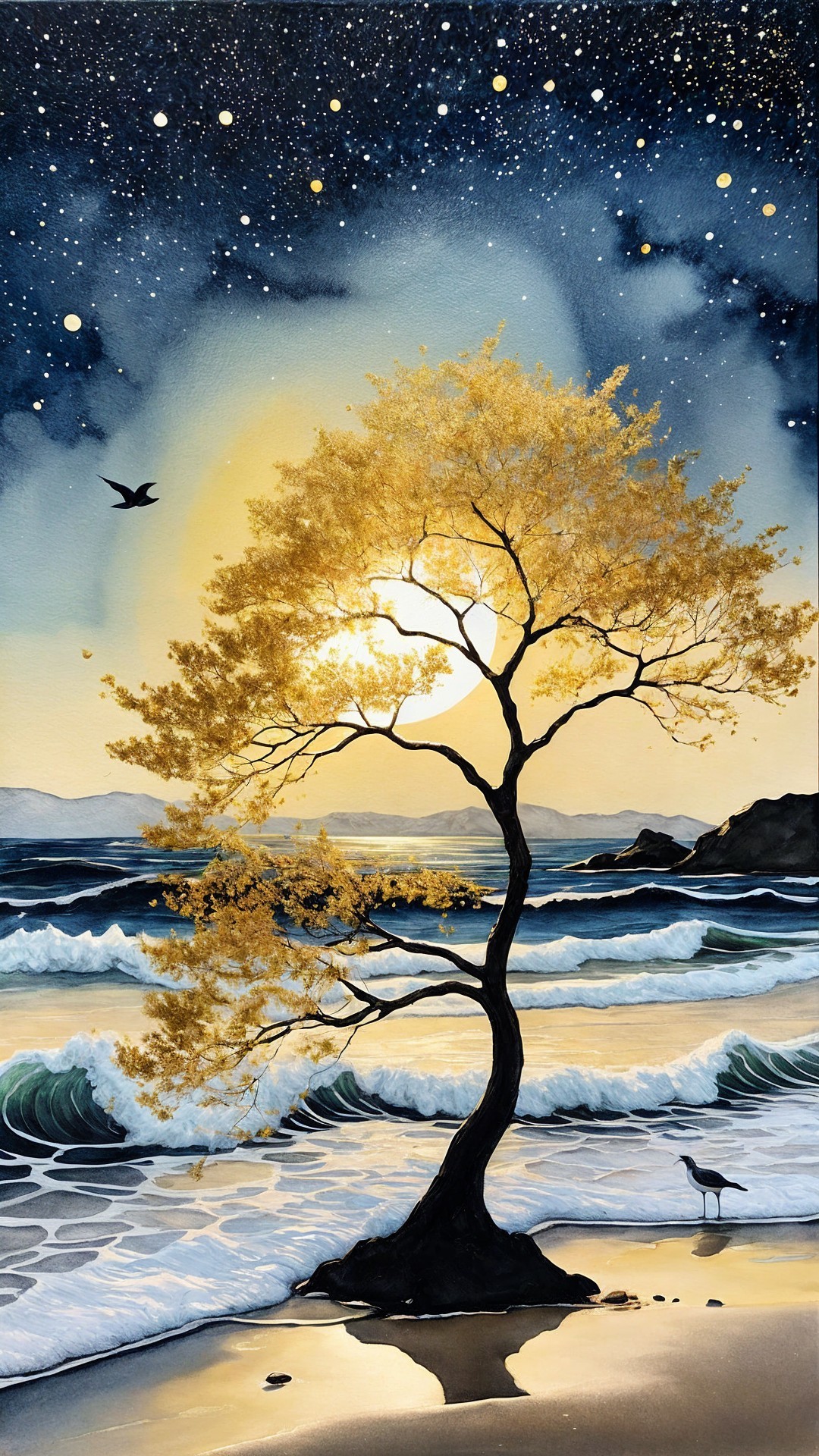 Majestic golden tree under a starry night sky