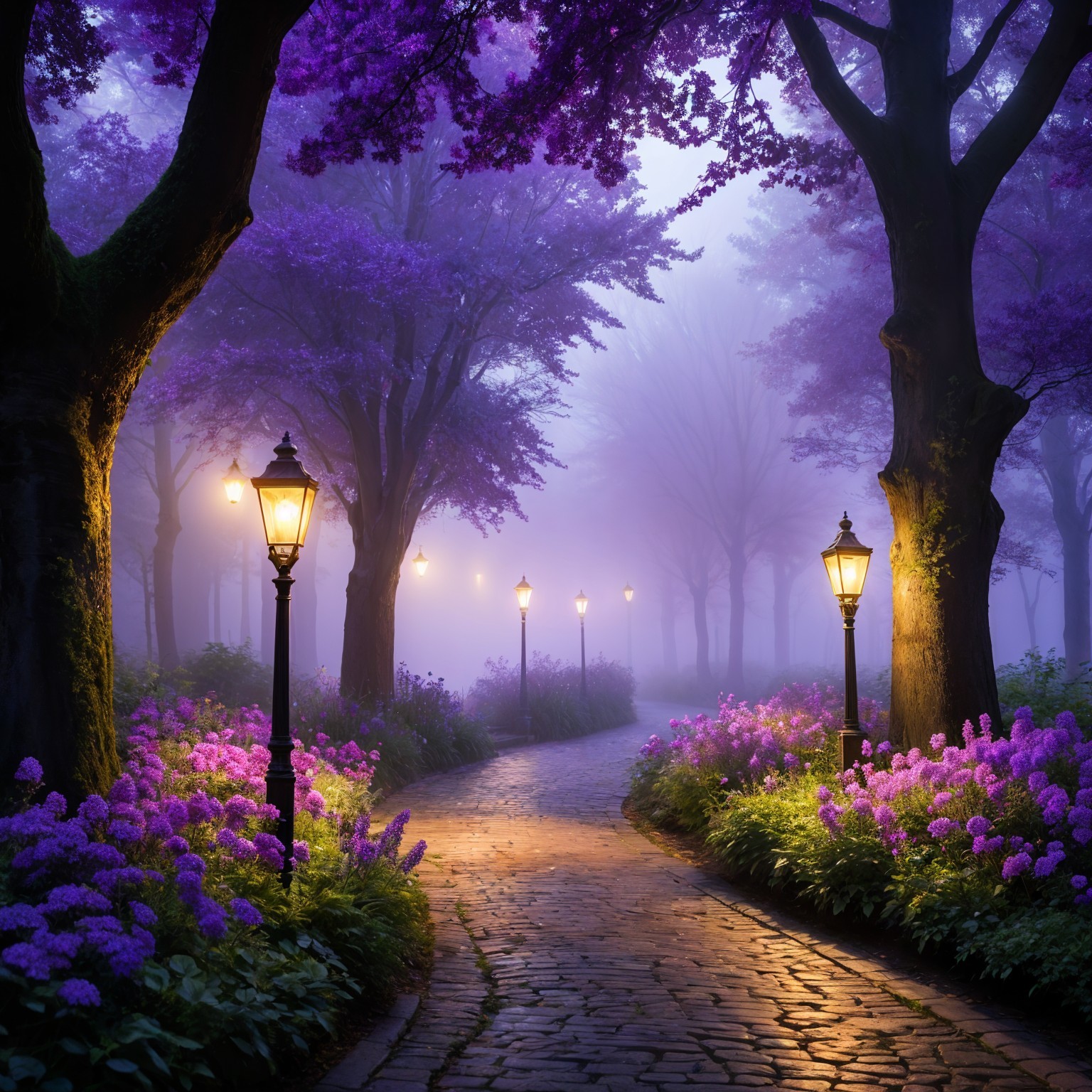 Cobblestone Path in a Mystical Purple Forest