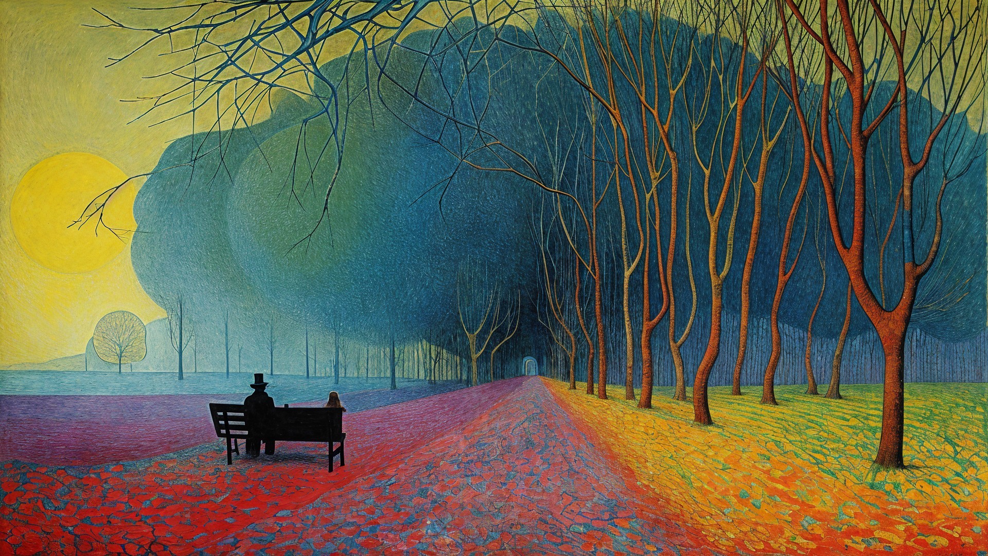 Serene Landscape with Vibrant Path and Autumn Leaves