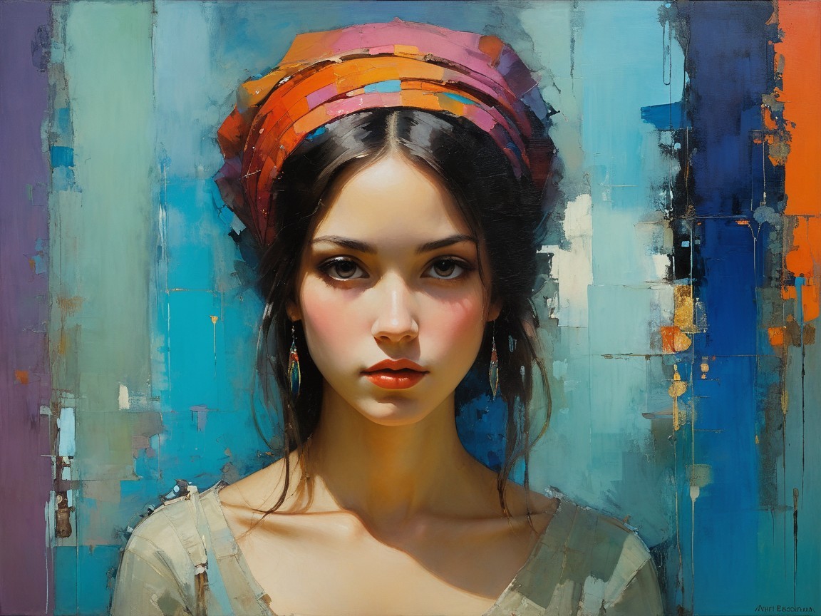 Young Woman with Intense Gaze and Colorful Headscarf