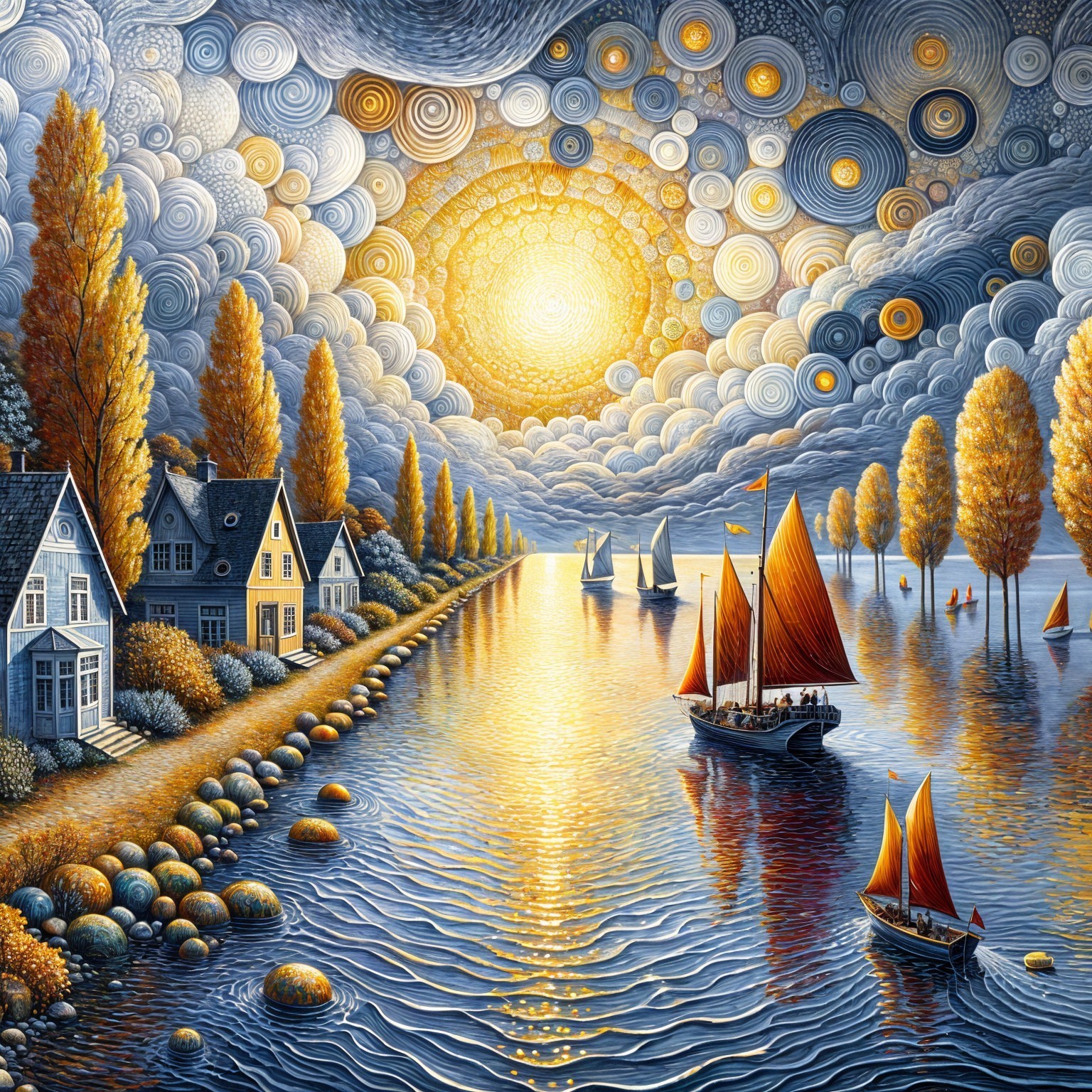 Serene Riverside Scene with Sunset and Sailboats