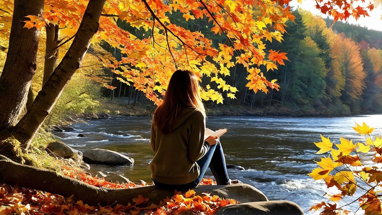 Riverside Scene with Autumn Leaves and Reading Woman