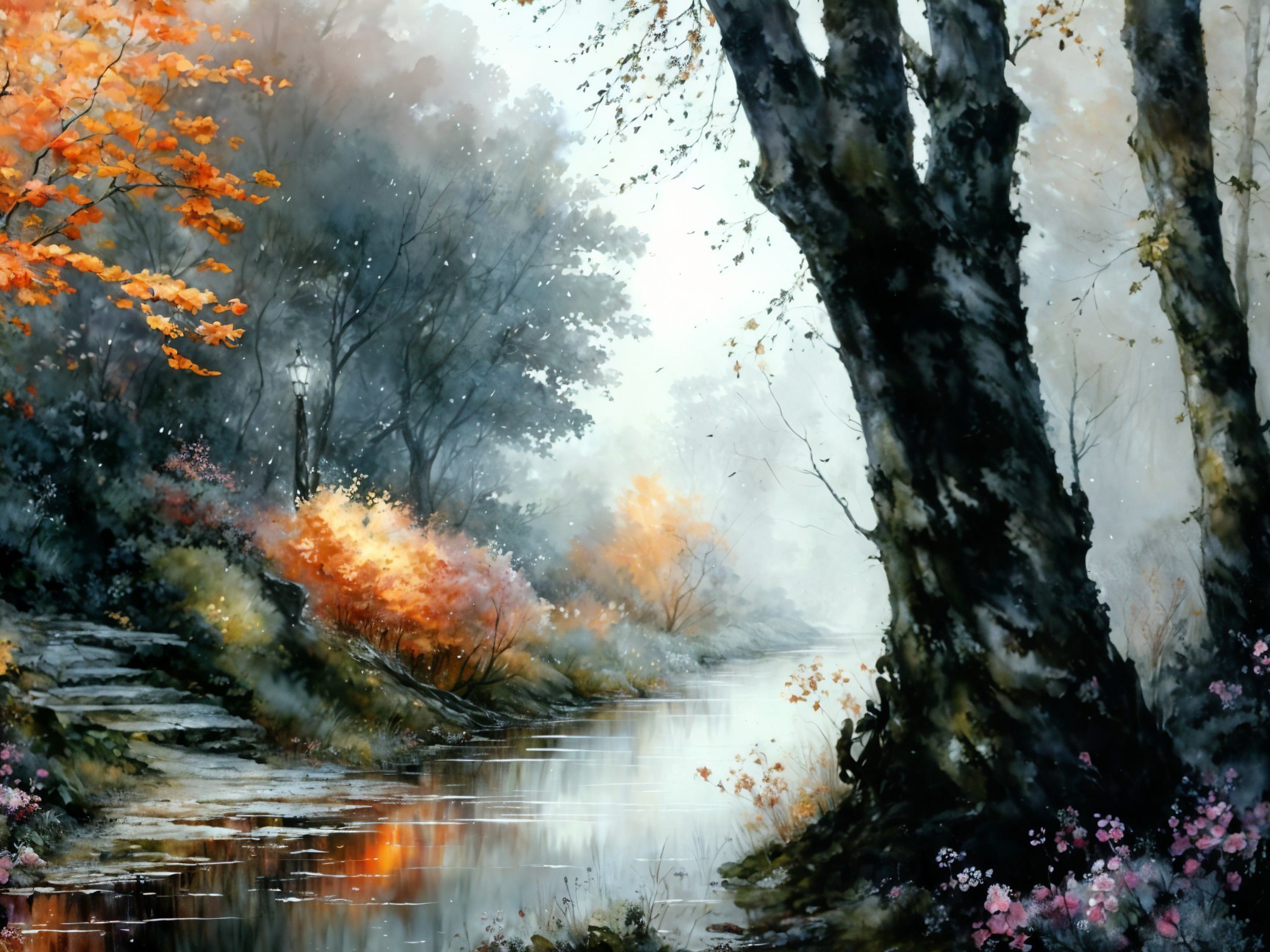 Tranquil Autumn Landscape with River and Misty Trees