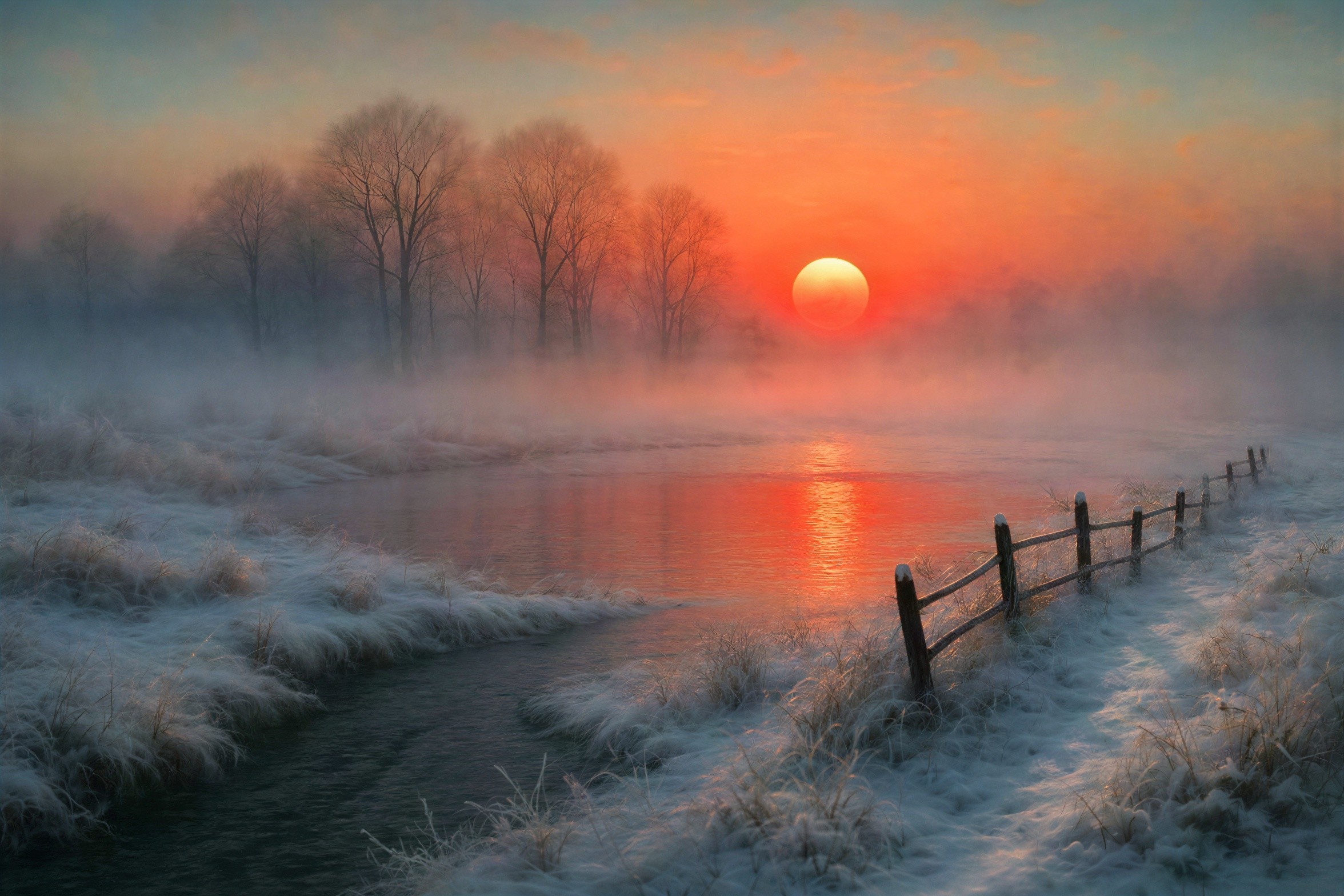 Misty Winter Sunrise Over a Frozen Landscape