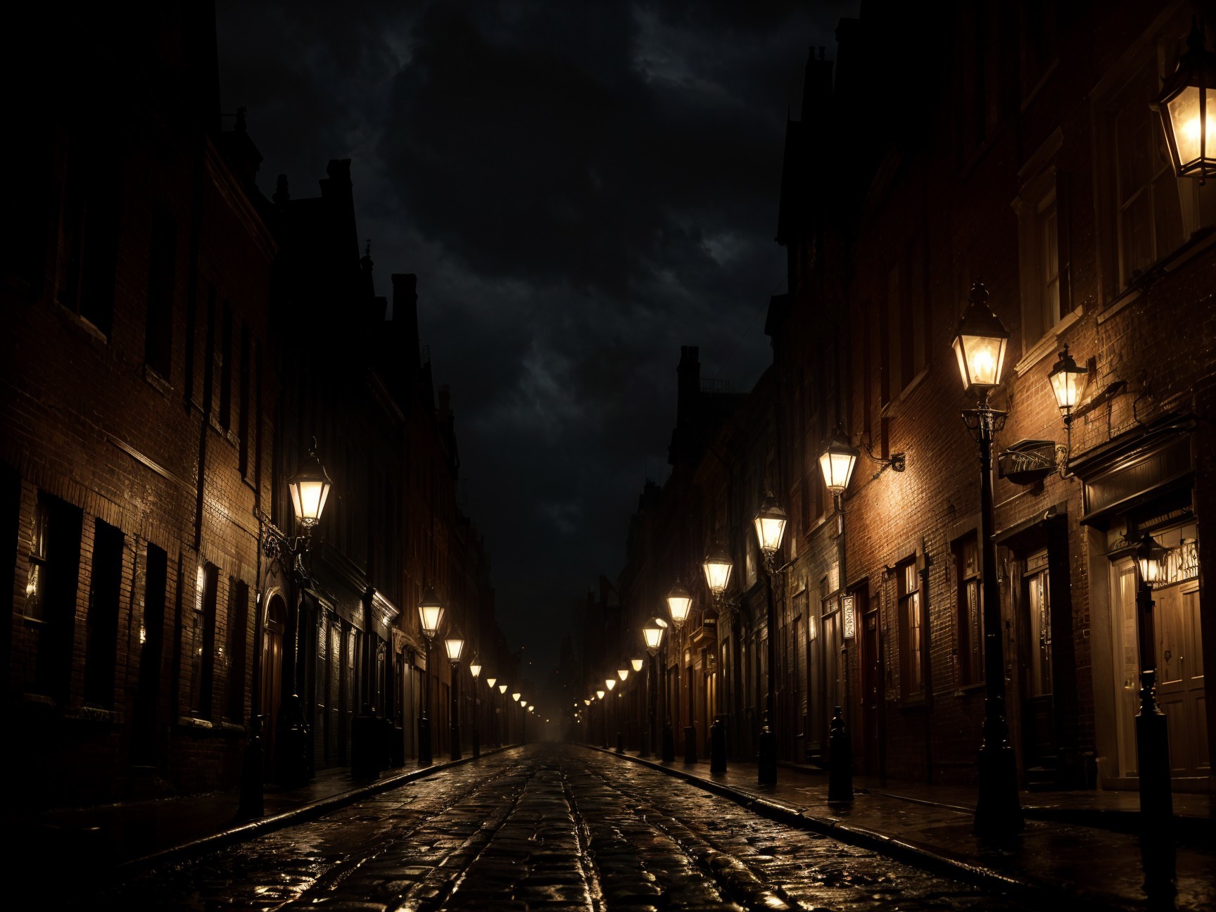 Narrow Dimly Lit Street with Charming Brick Buildings