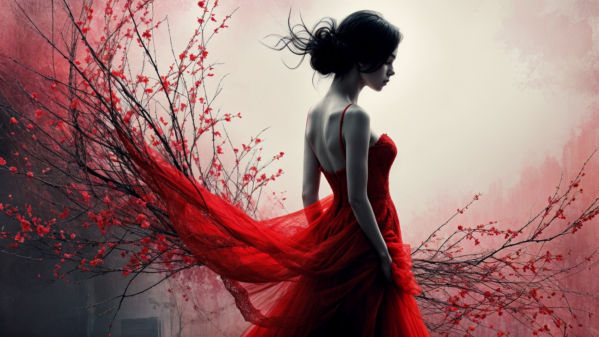 Silhouette of Woman in Red Gown with Cherry Blossoms