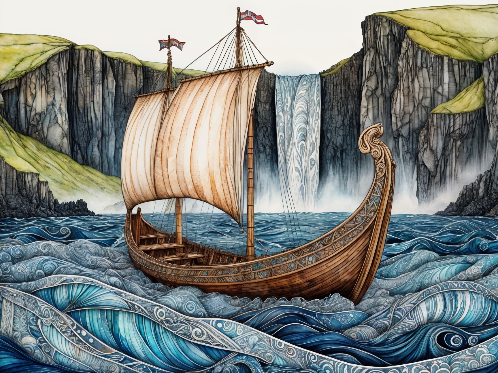 Illustration of a Sailing Ship by a Waterfall and Waves
