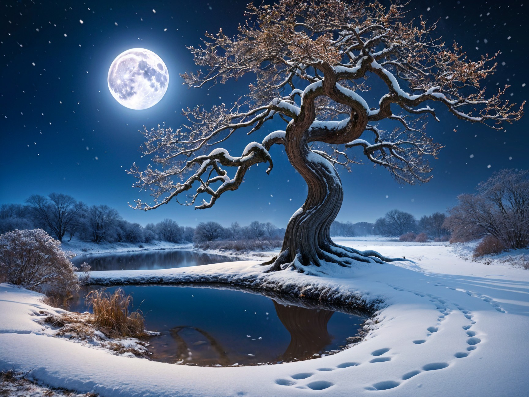 Moonlit Serenity by the Snowy Riverbank