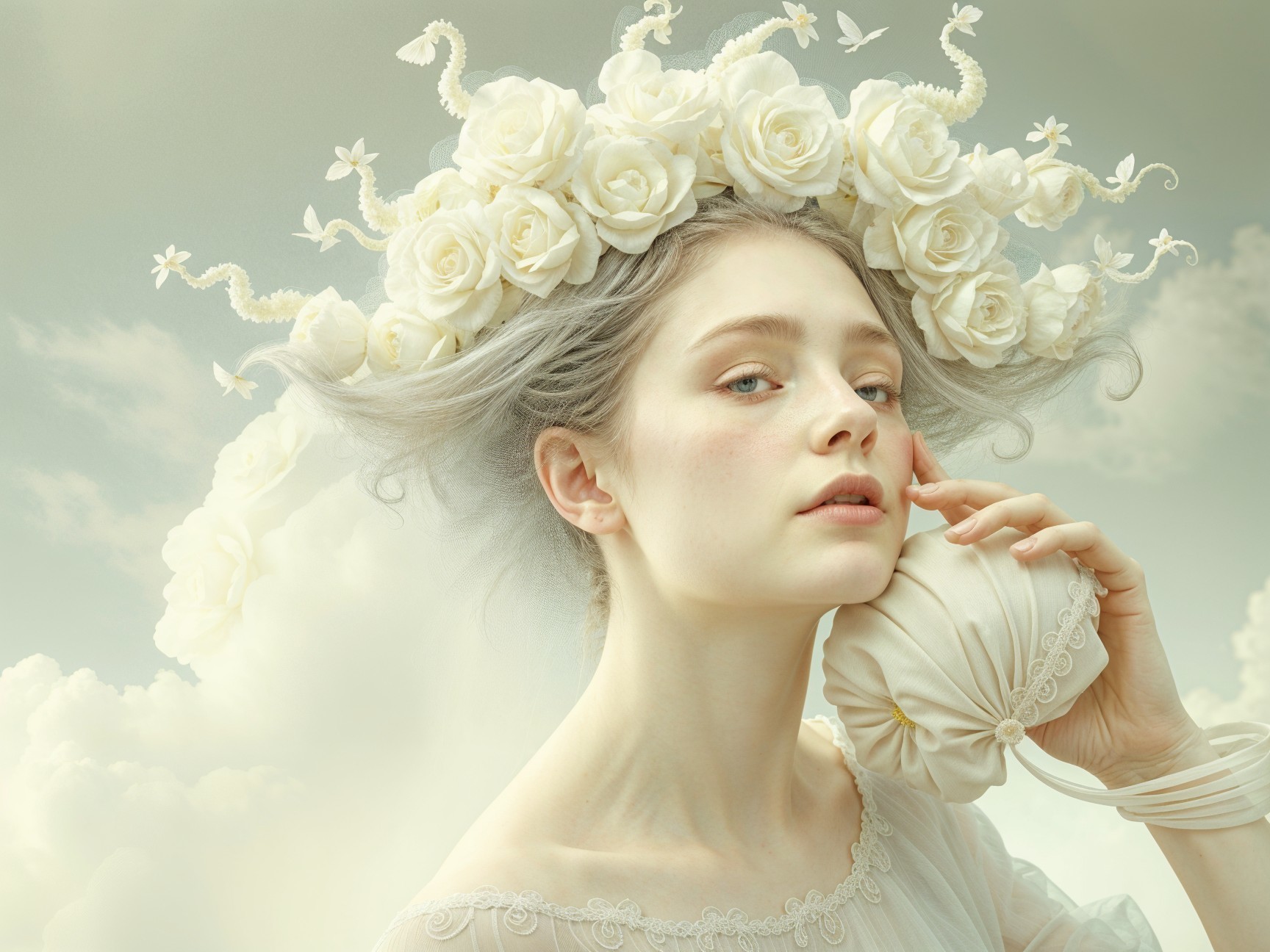 Serene Young Woman with White Rose Crown and Shell