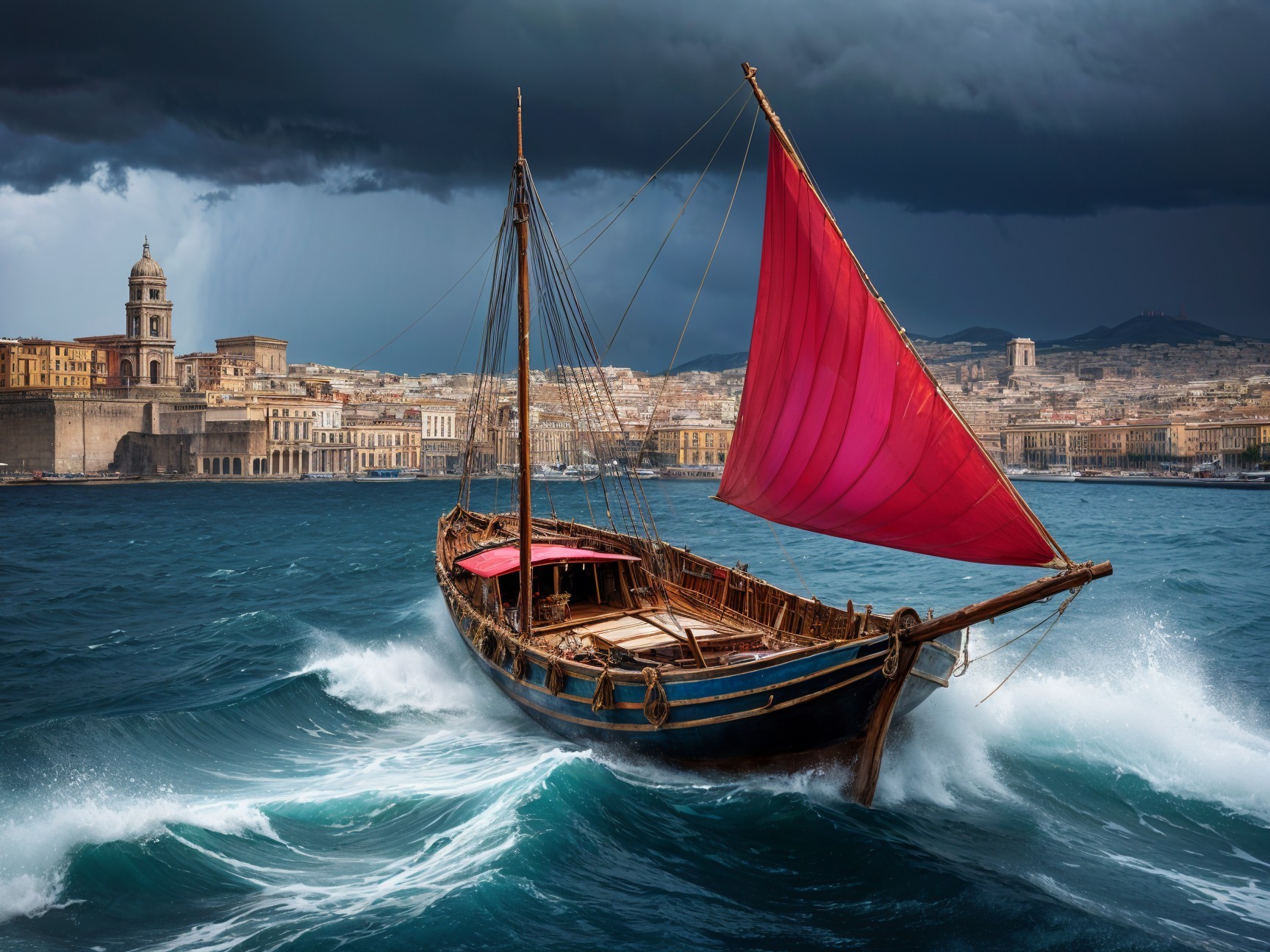 Wooden sailboat with pink sail in stormy waters