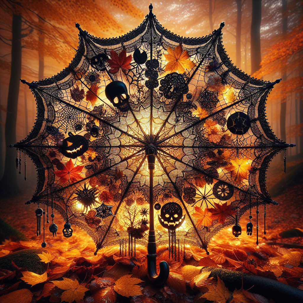 Black Lace Umbrella in Autumn Forest Setting