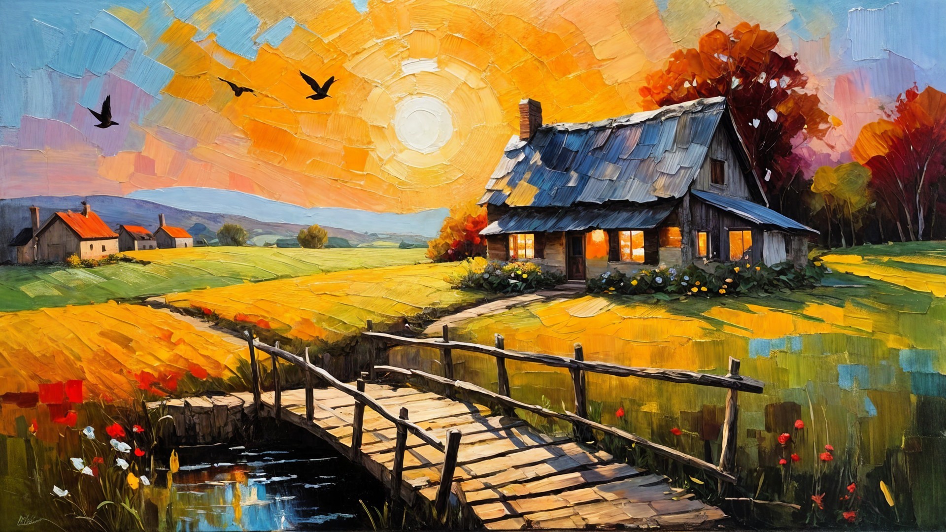 Serene Sunset Landscape with Cottage and Bridge