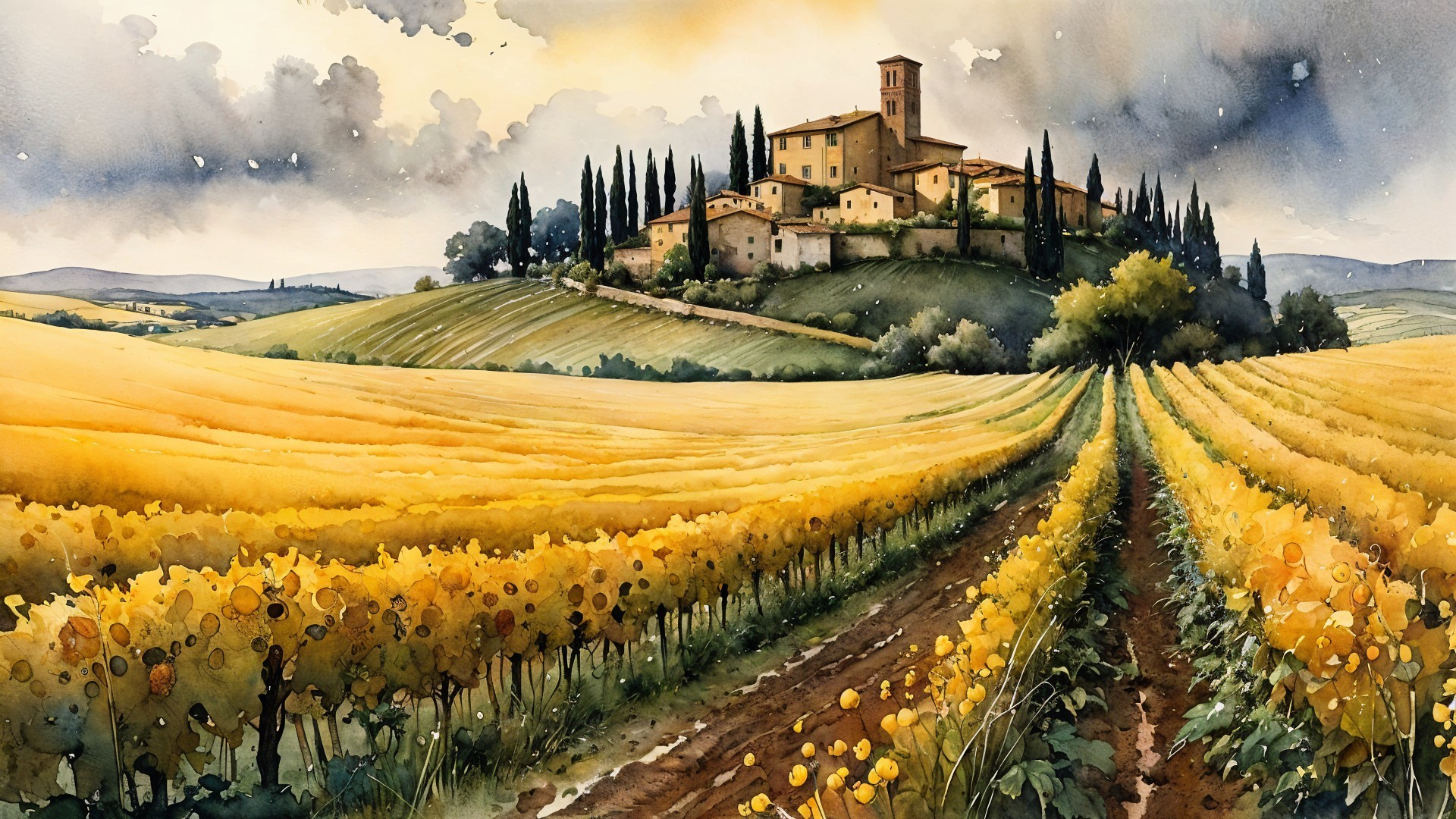 Vibrant Vineyard Landscape with Hillside Village