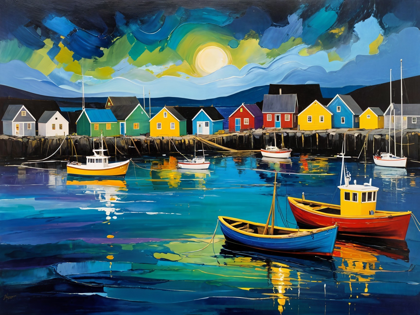 Vibrant Harbor Scene with Colorful Boats and Houses