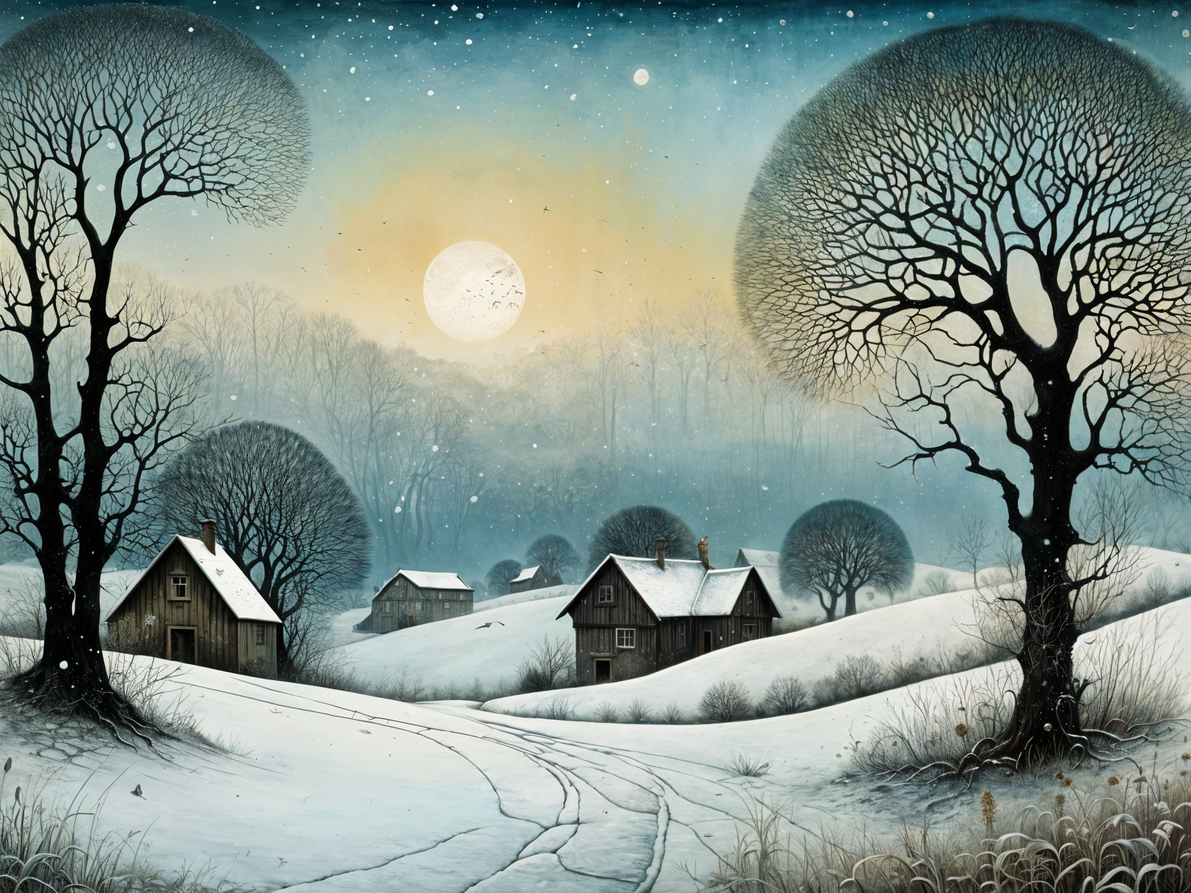 Serene Winter Landscape with Snowy Houses and Trees