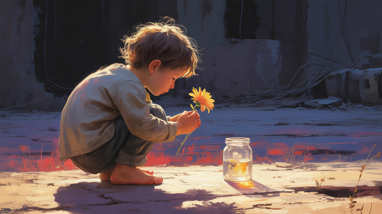 Child with Flower on Concrete in Sunlit Setting