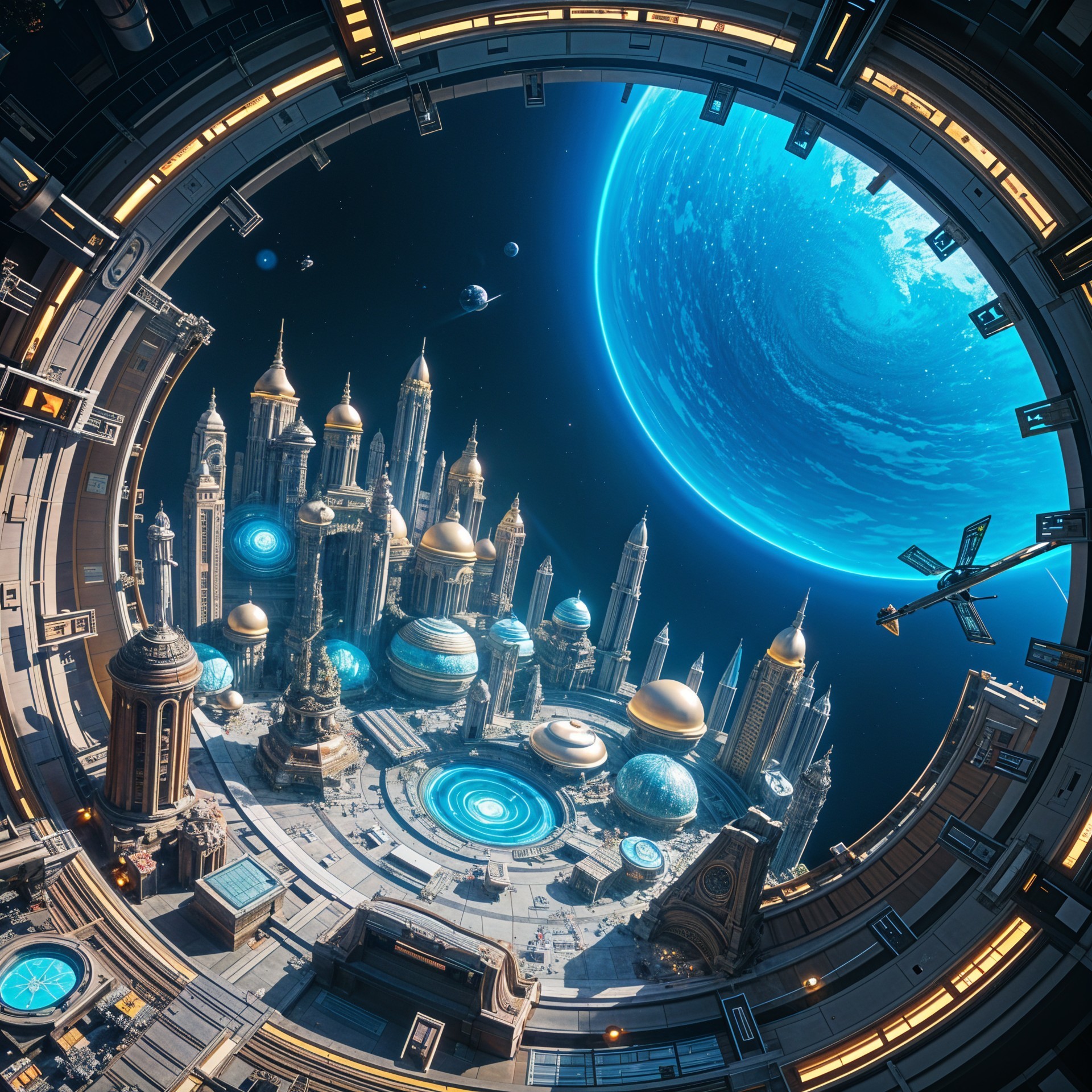 Futuristic Cityscape with Celestial Background