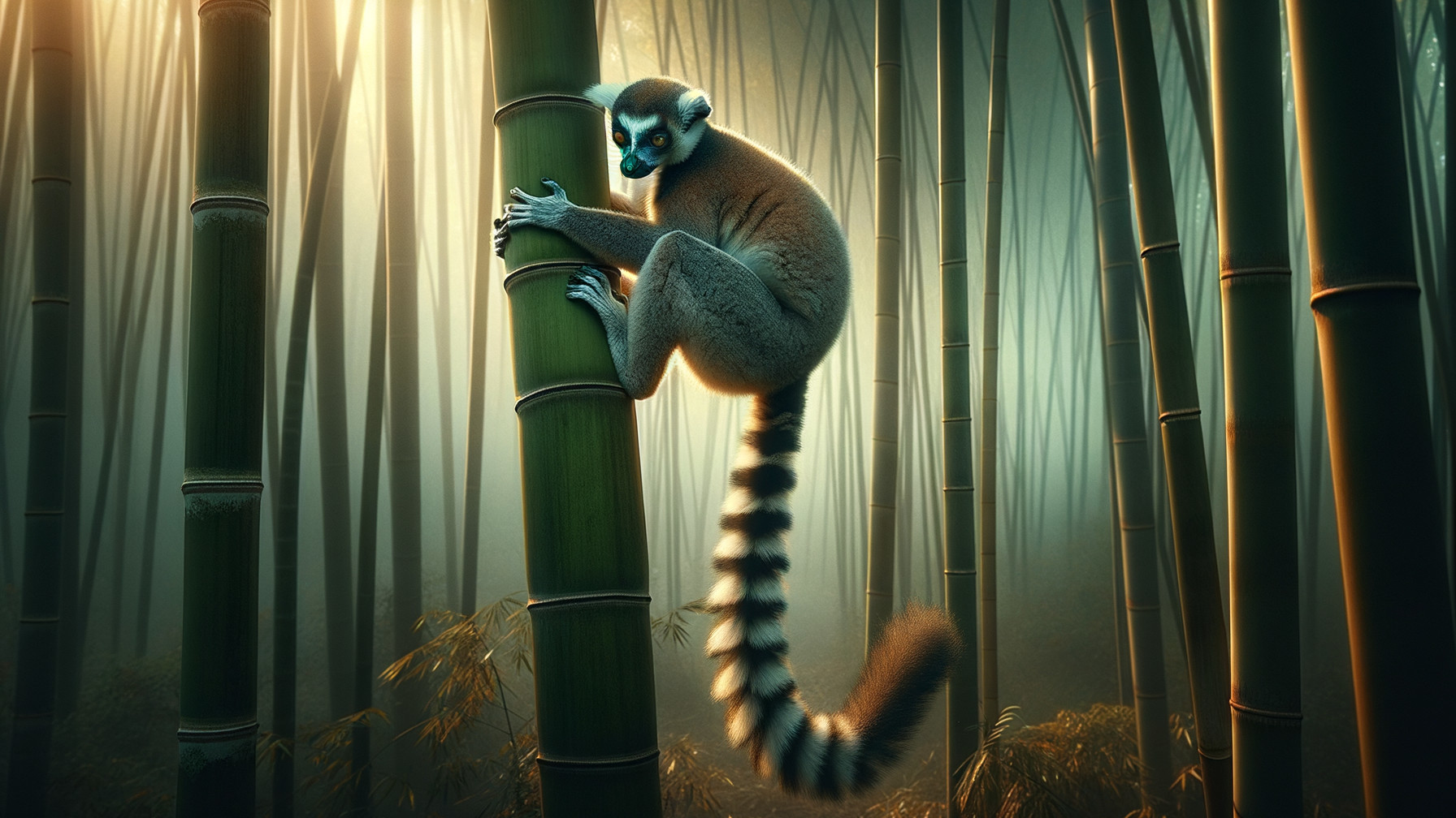 Lemur in Bamboo Forest with Striped Tail and Blue Eyes