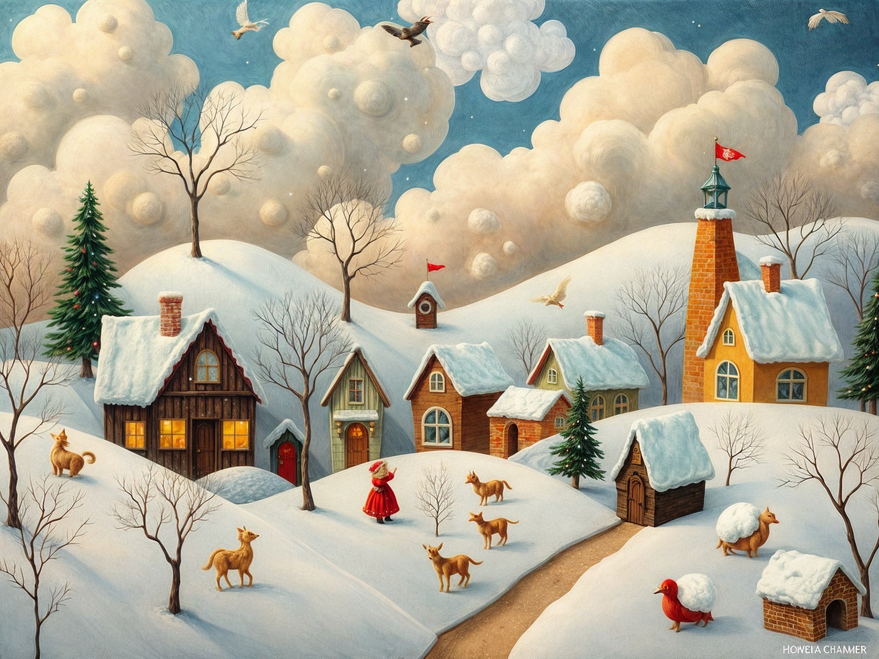 Winter Village Scene with Snow-Covered Hills and Deer