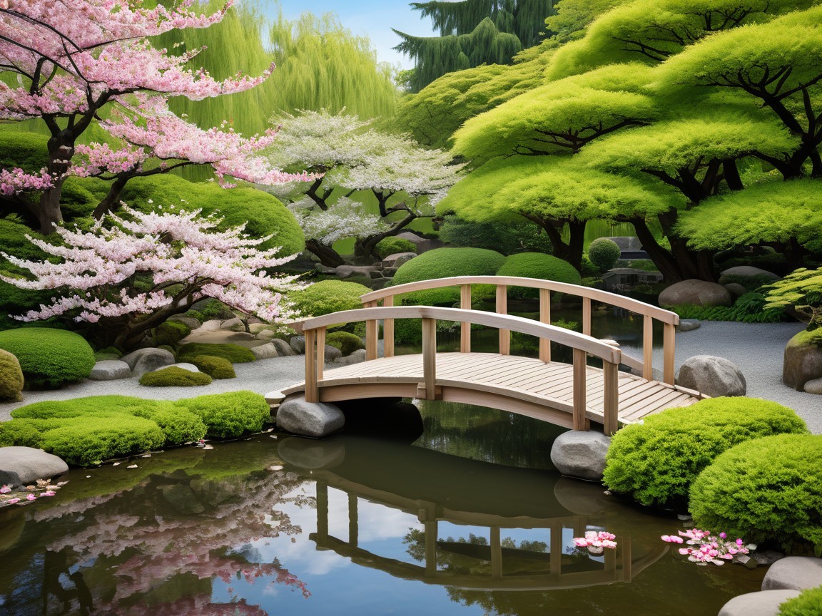 Serene Japanese Garden with Cherry Blossoms and Pond