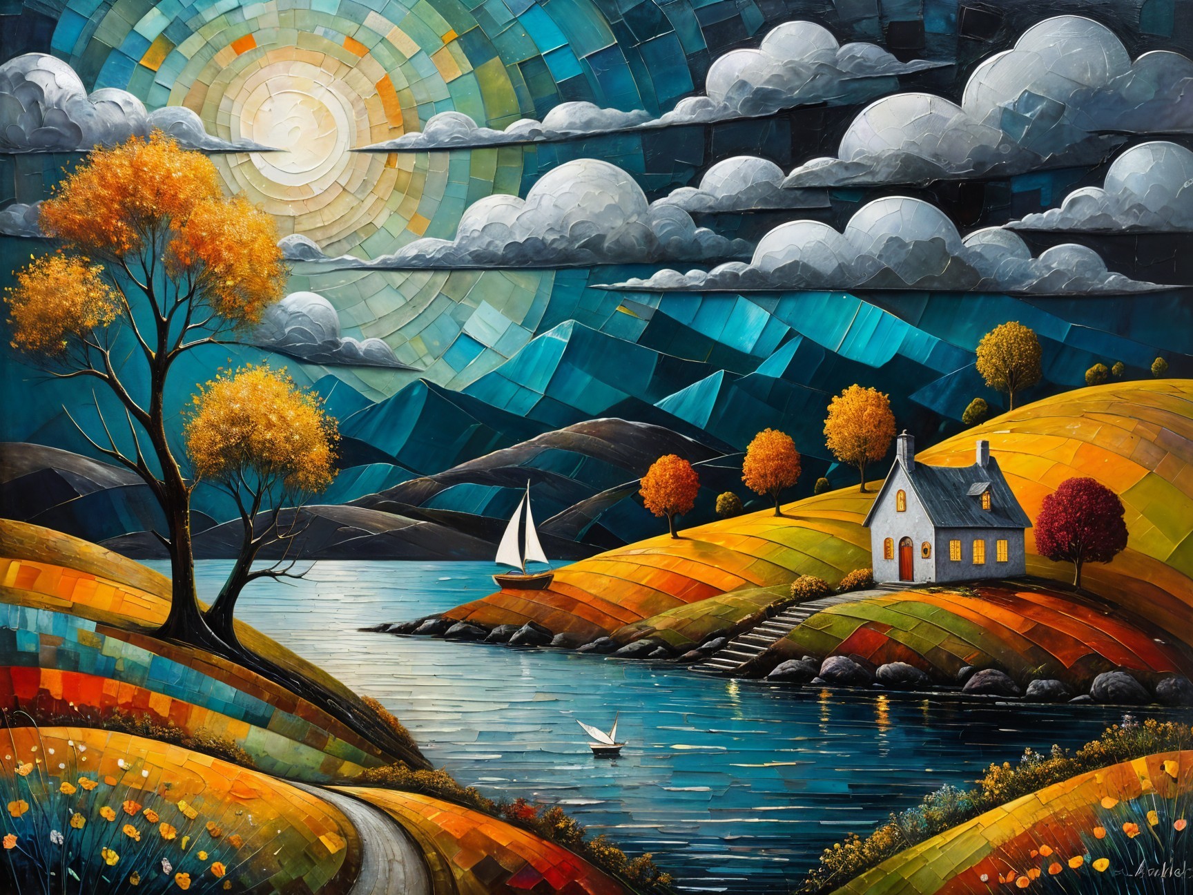 Vibrant Landscape with Lake, Hills, and Autumn Trees