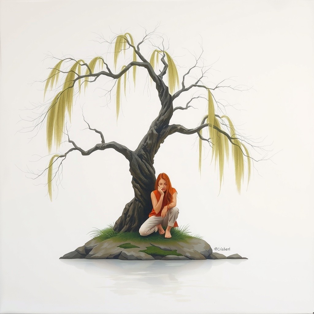 Solitary Woman Under a Willow Tree in Tranquil Scene