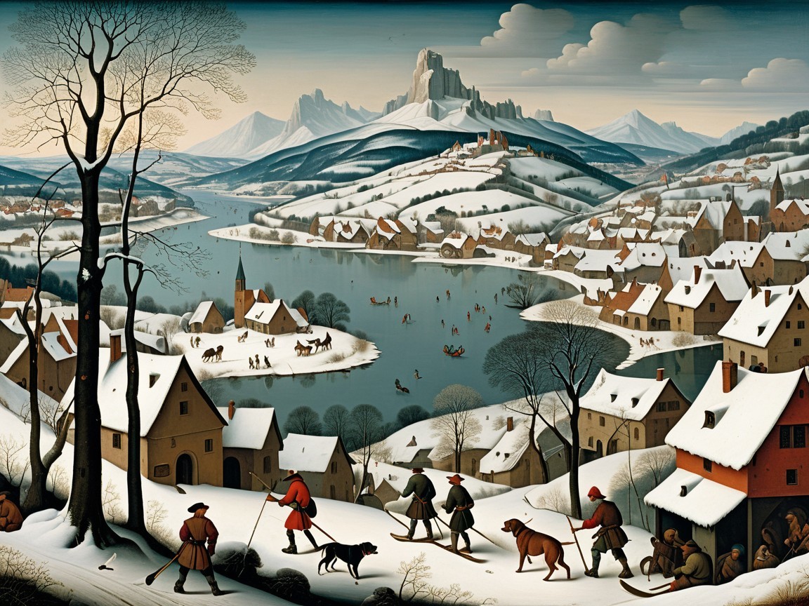Serene Winter Landscape of Village and Mountains