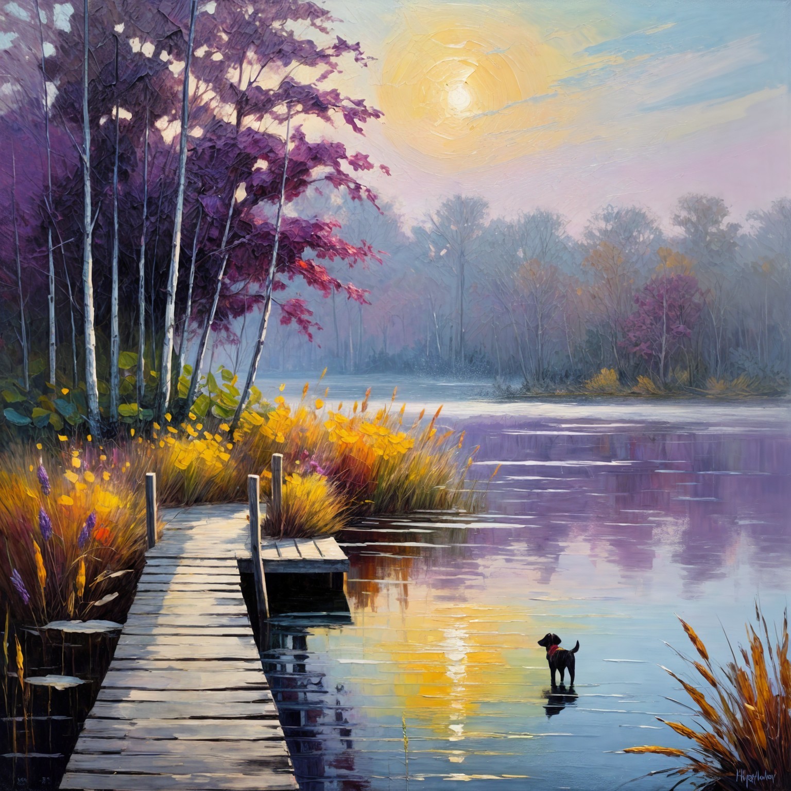 Tranquil Lakeside Scene at Sunrise with Vibrant Trees