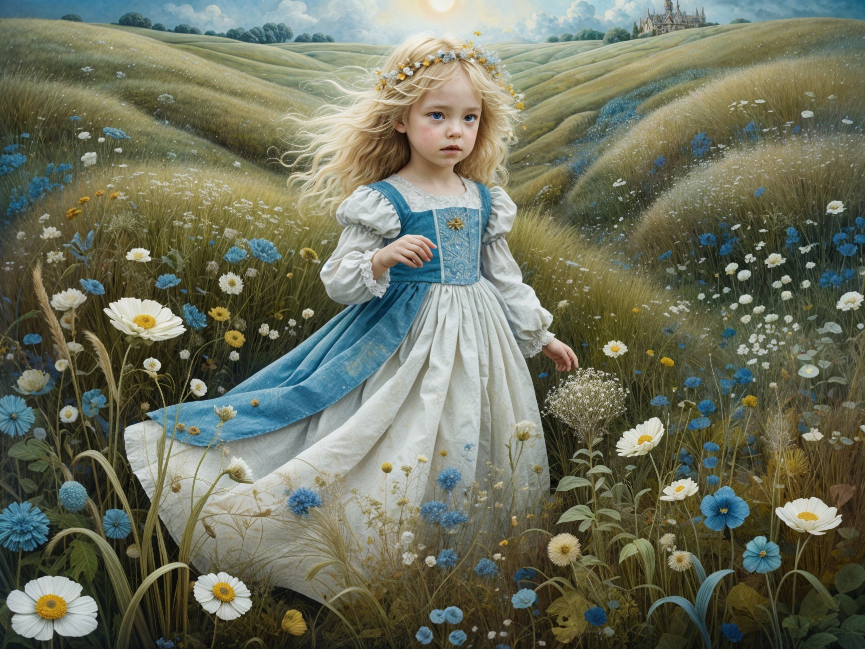 Young girl in blue dress walking in a flower meadow