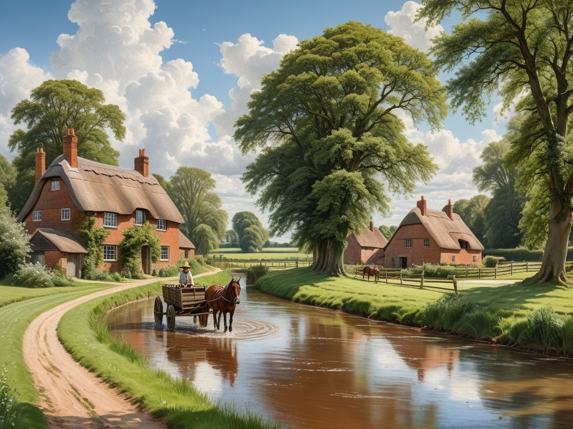 Countryside Scene with River and Thatched Cottages