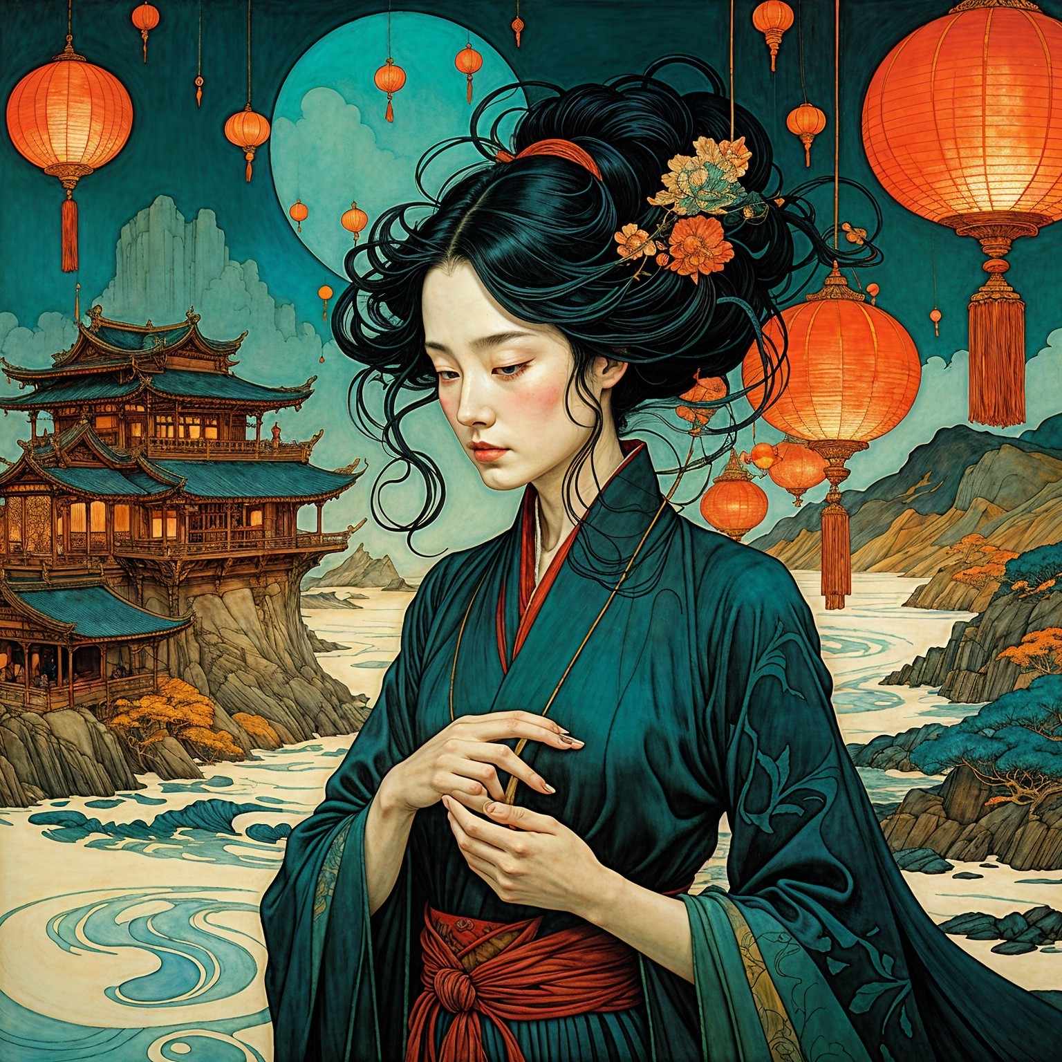 Serene Woman in Traditional Attire by Scenic Landscape
