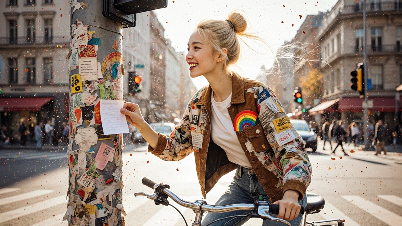 Cheerful Woman Biking Through Graffiti-Adorned Street