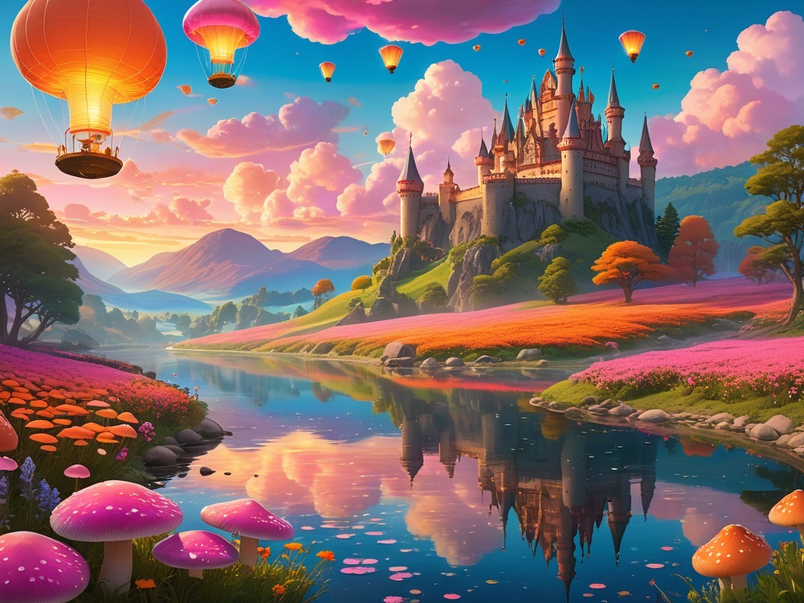 Whimsical Landscape with Castle and Hot Air Balloons