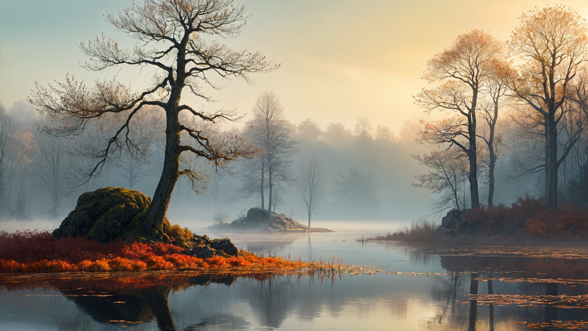 Tranquil Dawn Lakeside Scene with Twisted Tree