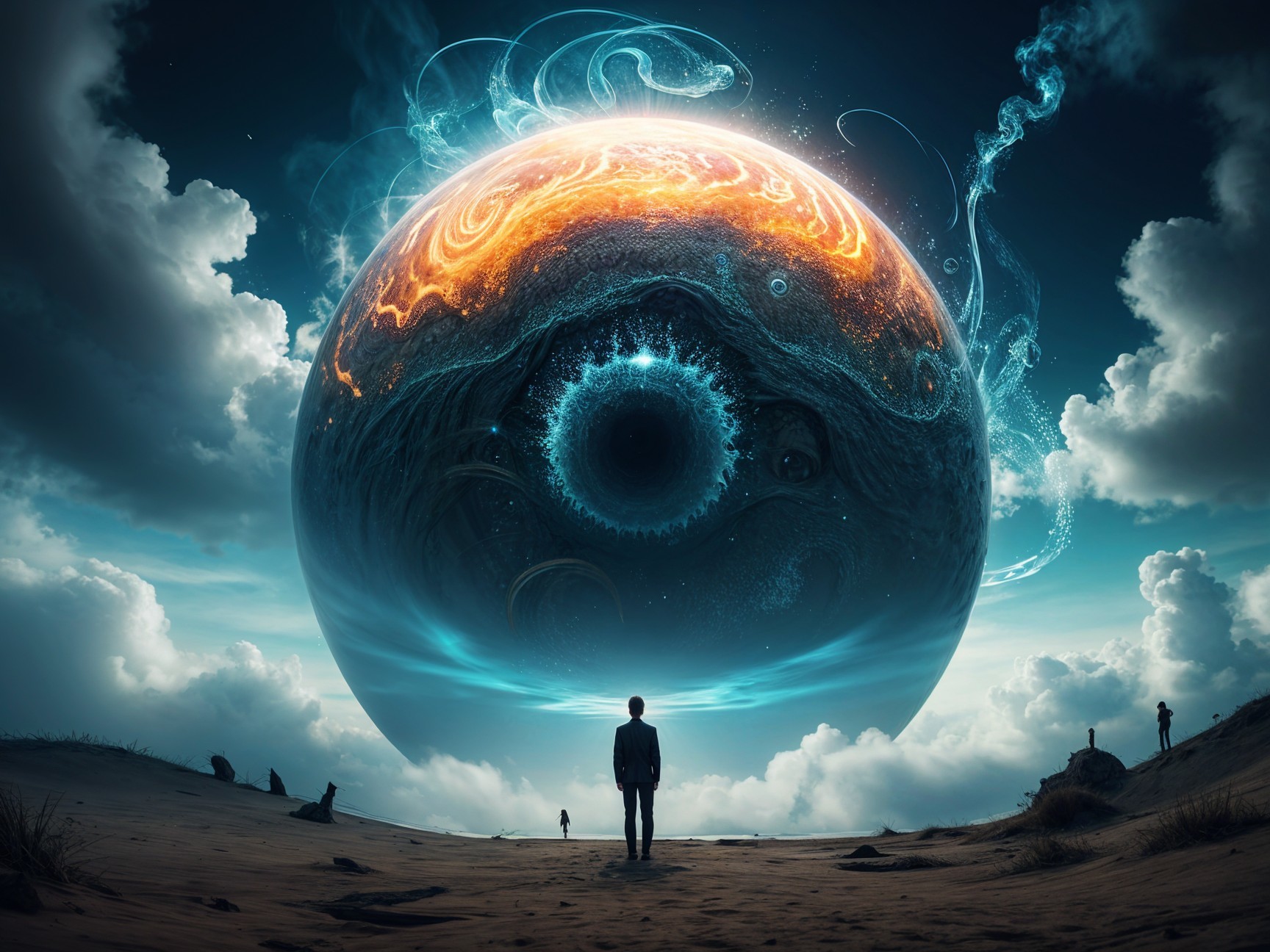 Surreal Landscape with Figure and Swirling Planet