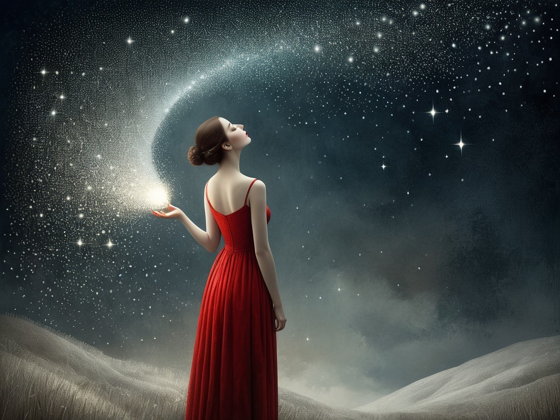 Woman in Red Dress in Ethereal Starry Landscape