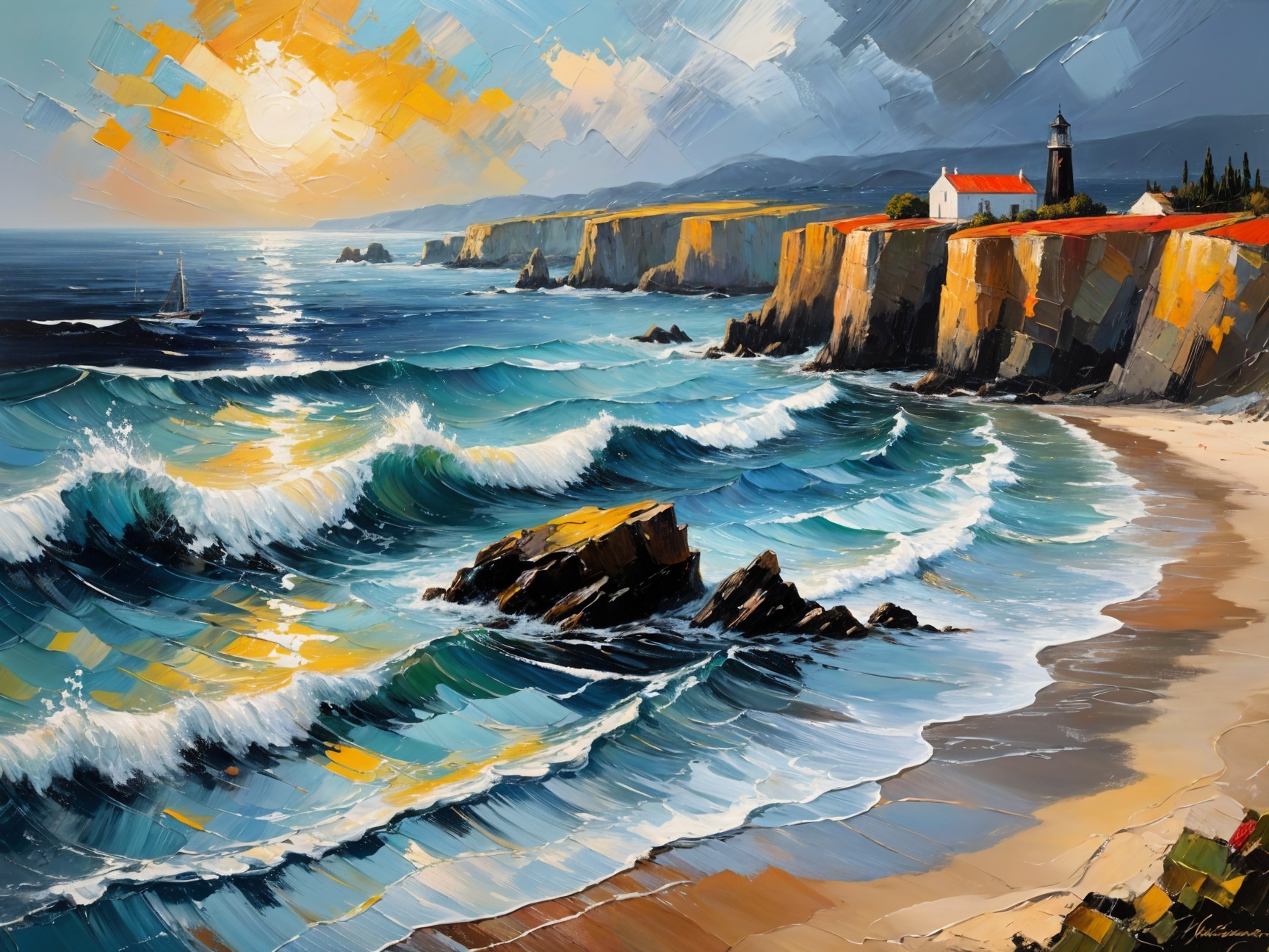 Vibrant Coastal Scene with Lighthouse and Shoreline