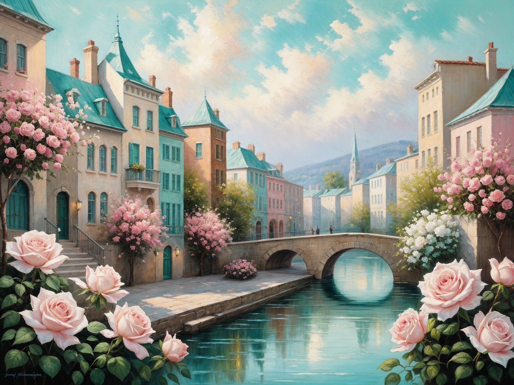 Charming Town with Serene Canal and Pastel Buildings
