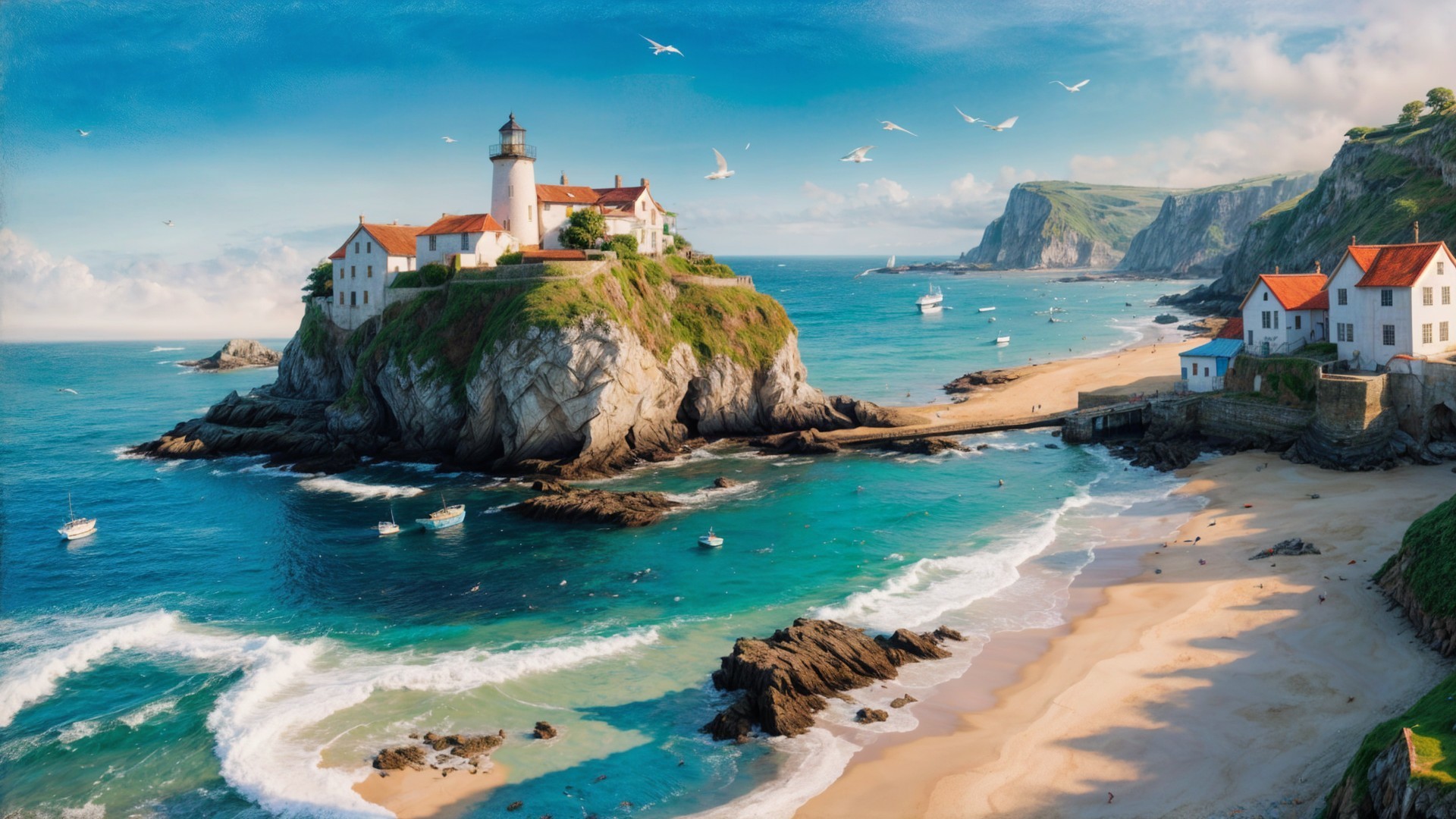 Coastal Village with Lighthouse and Sandy Beach Overview