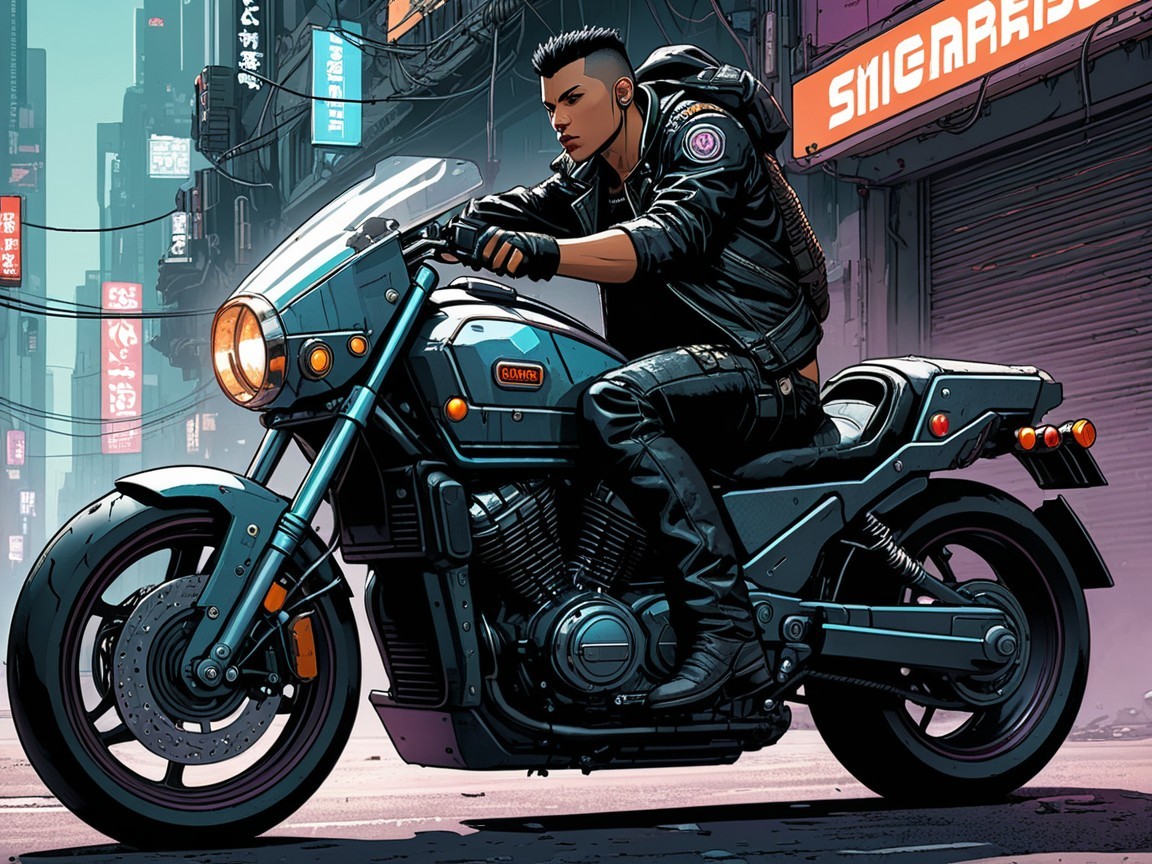 Futuristic Motorcycle Rider in Cyberpunk Urban Setting