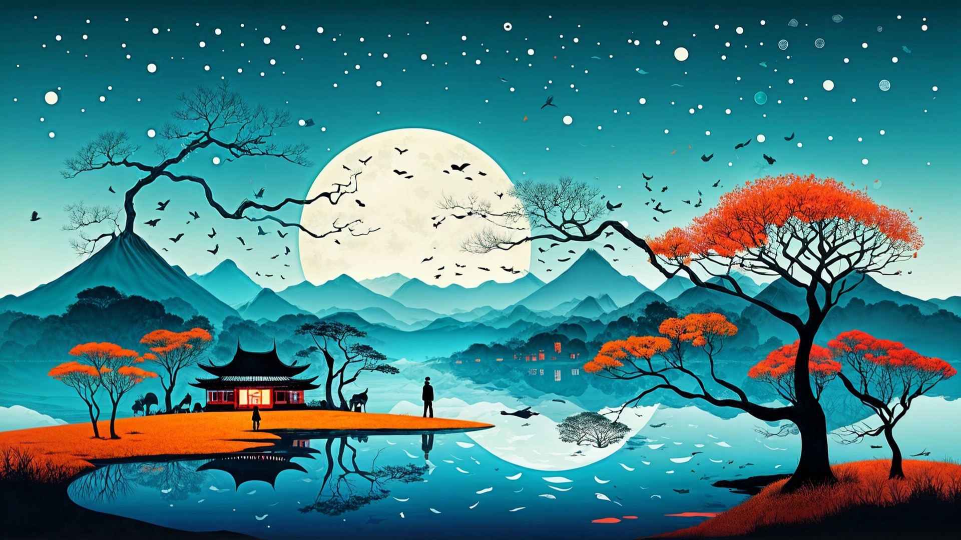 Serene Dusk Landscape with Moonlit Lake and Mountains