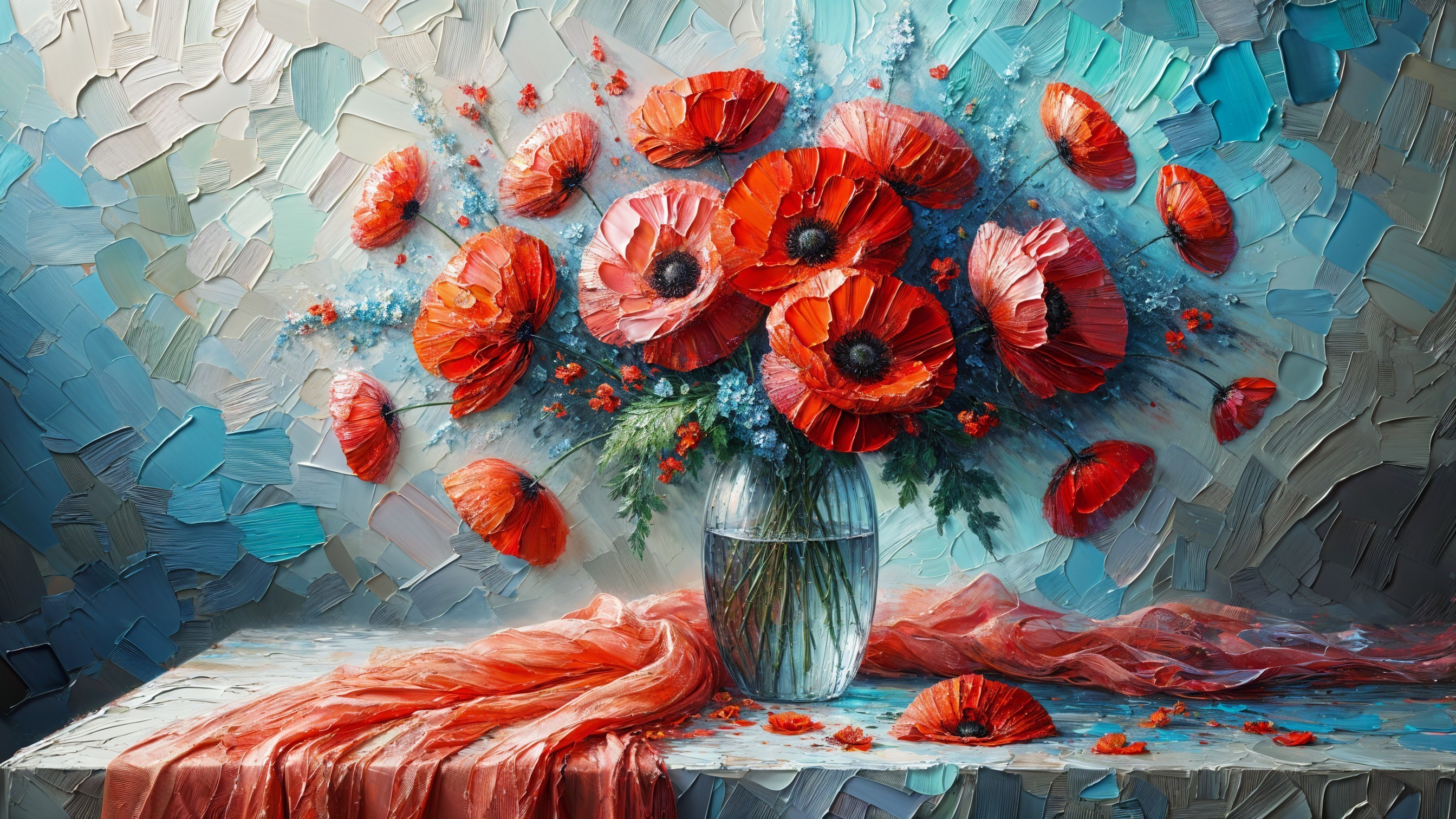 Vibrant Red Poppies in a Clear Glass Vase Arrangement