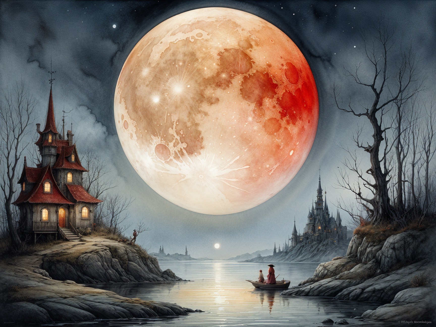 Surreal Landscape with Glowing Red Moon and Gothic House