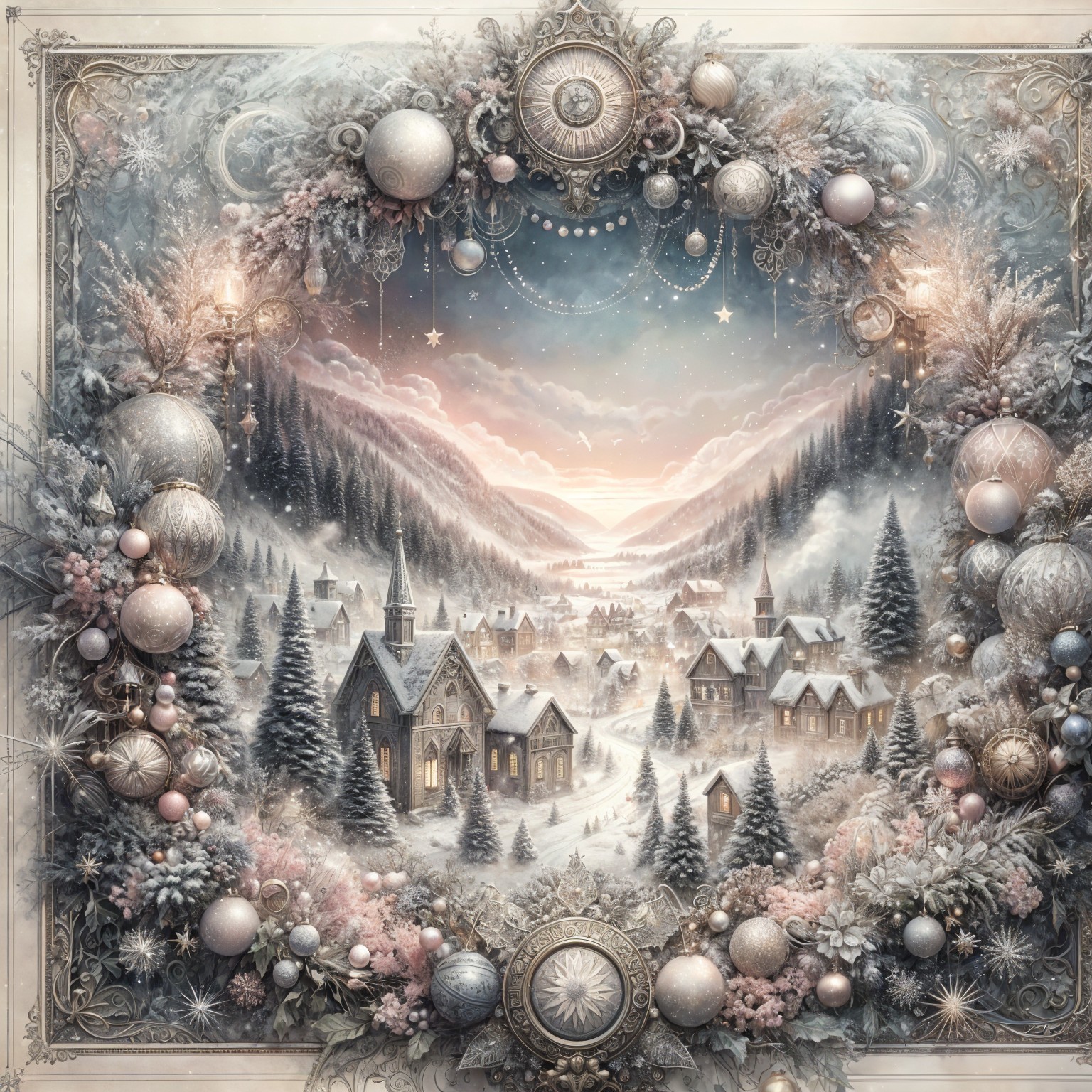 Whimsical Winter Scene with Decorative Wreath and Lights