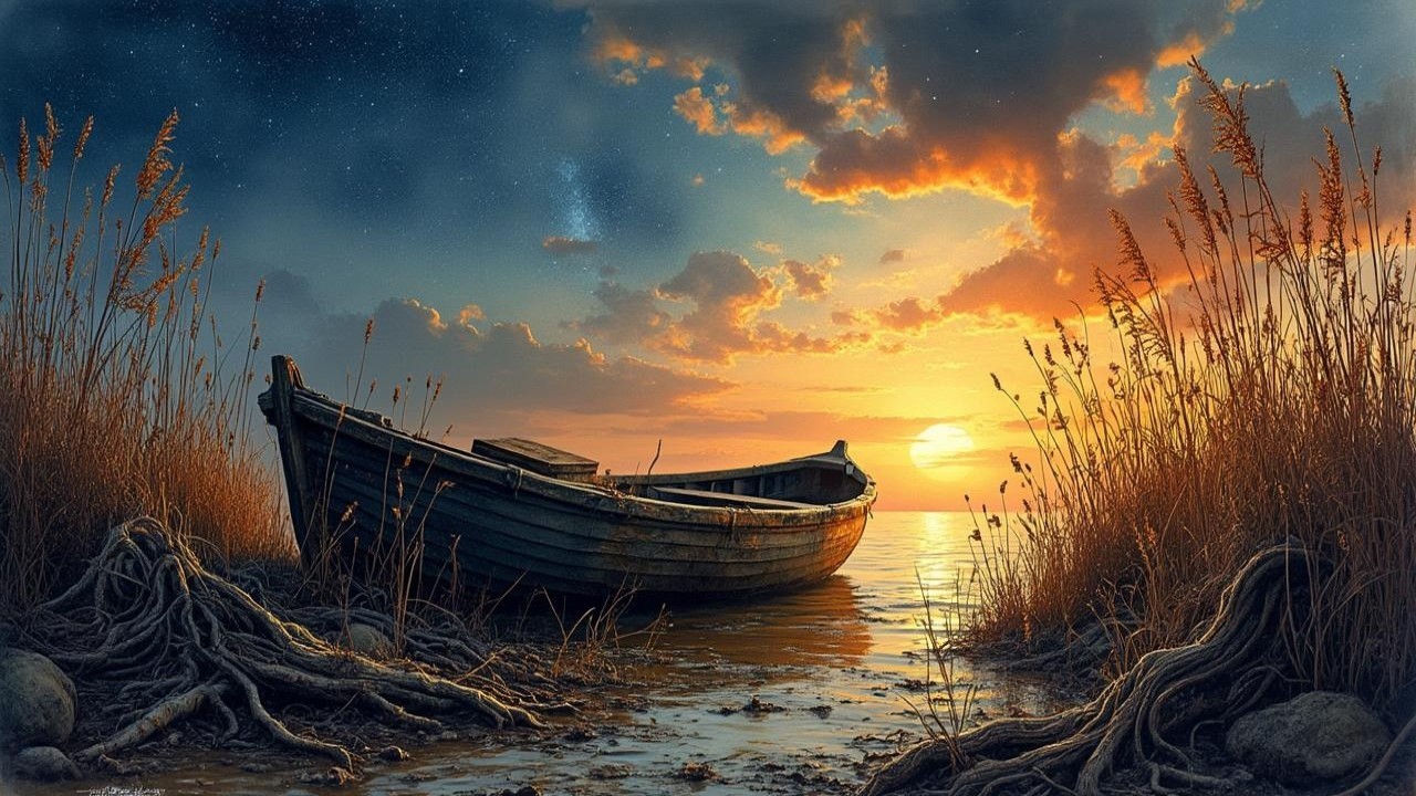 Serene Sunset with Weathered Boat on Calm Shoreline