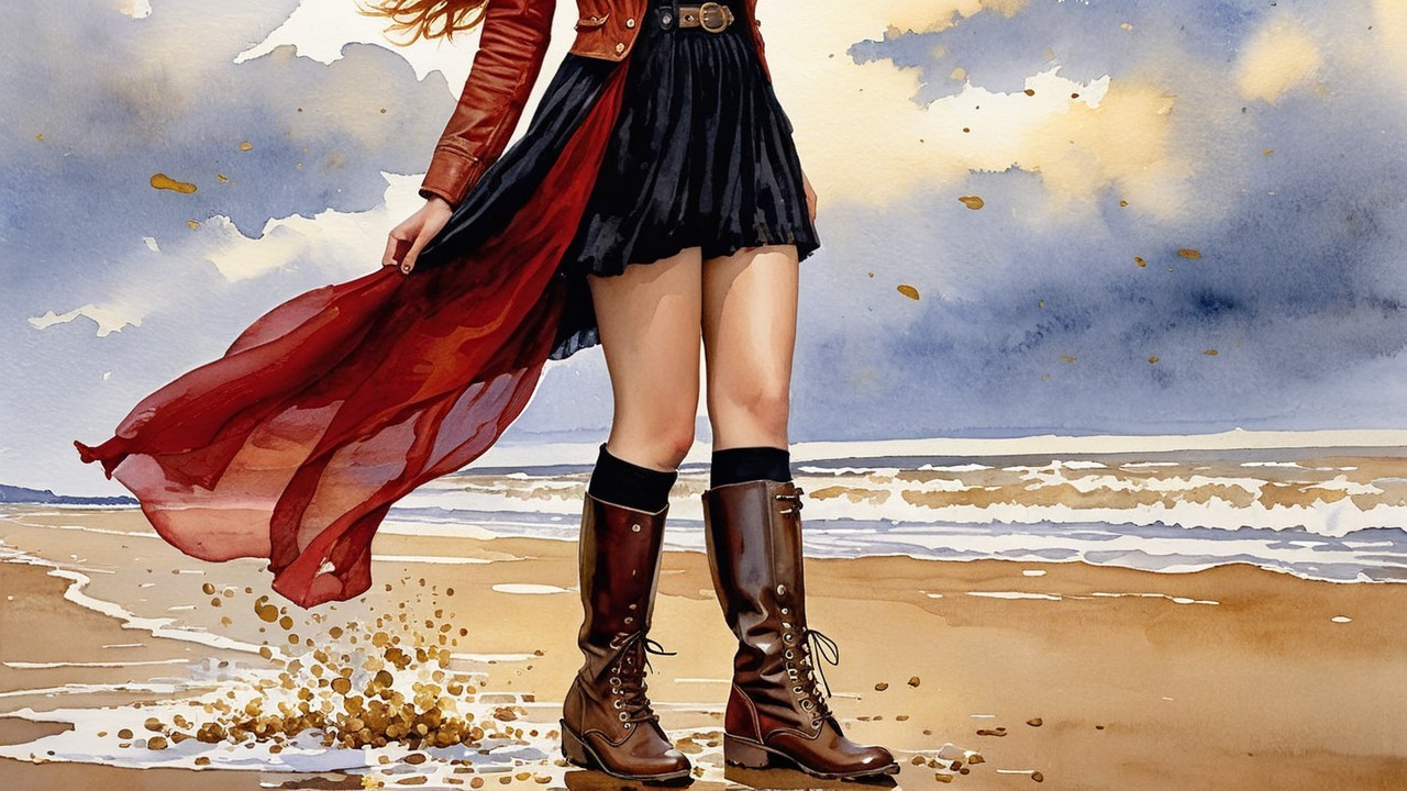 Woman in Red Coat on Serene Beach with Waves