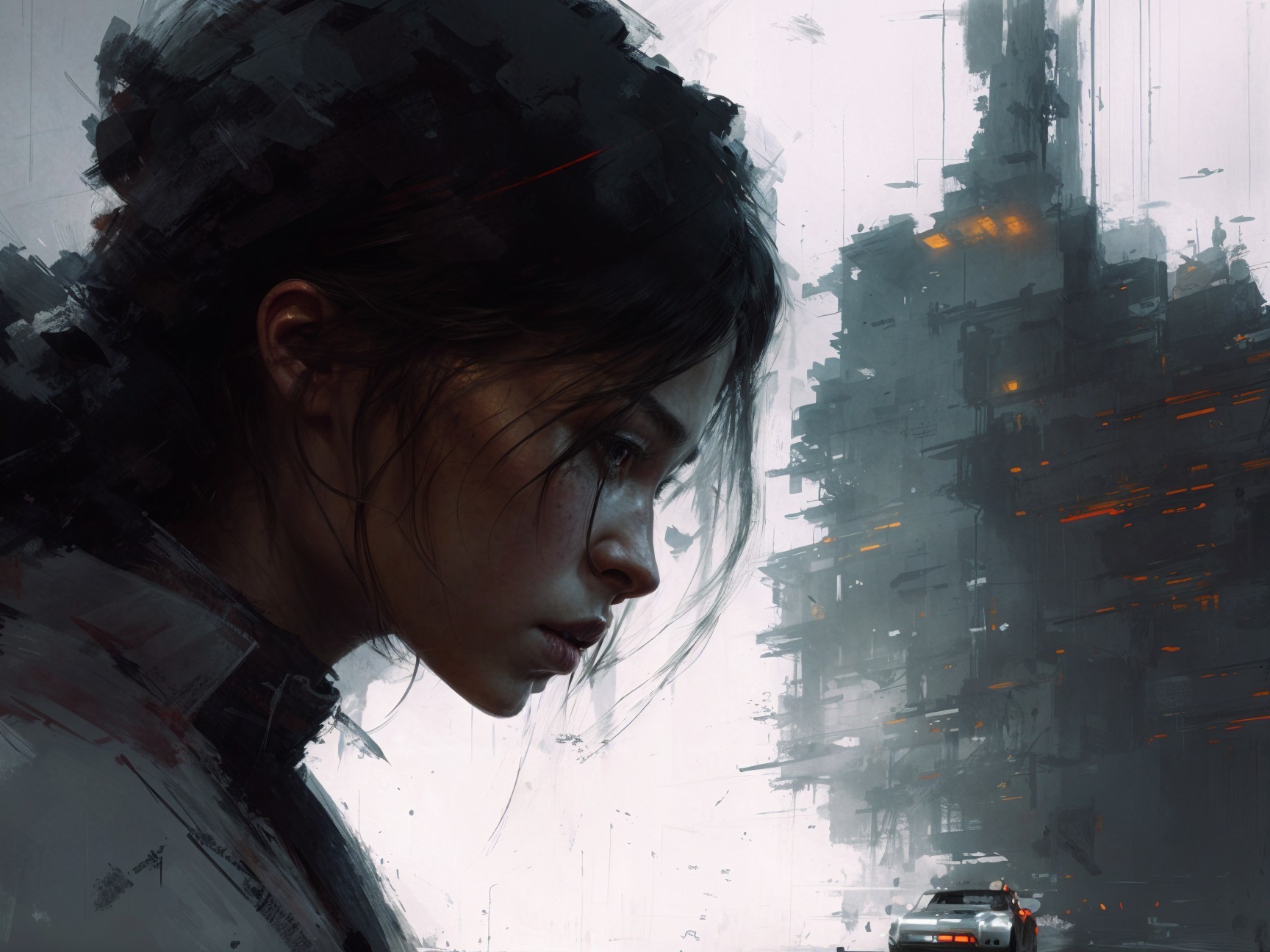 Contemplative Young Woman in Abstract Dark Setting