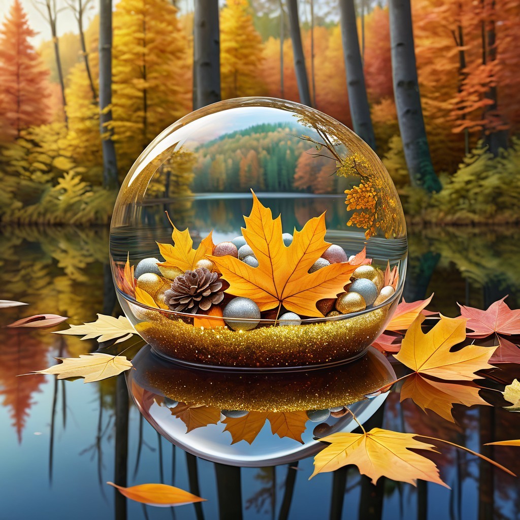 Autumn-Themed Snow Globe with Leaves and Forest Scene