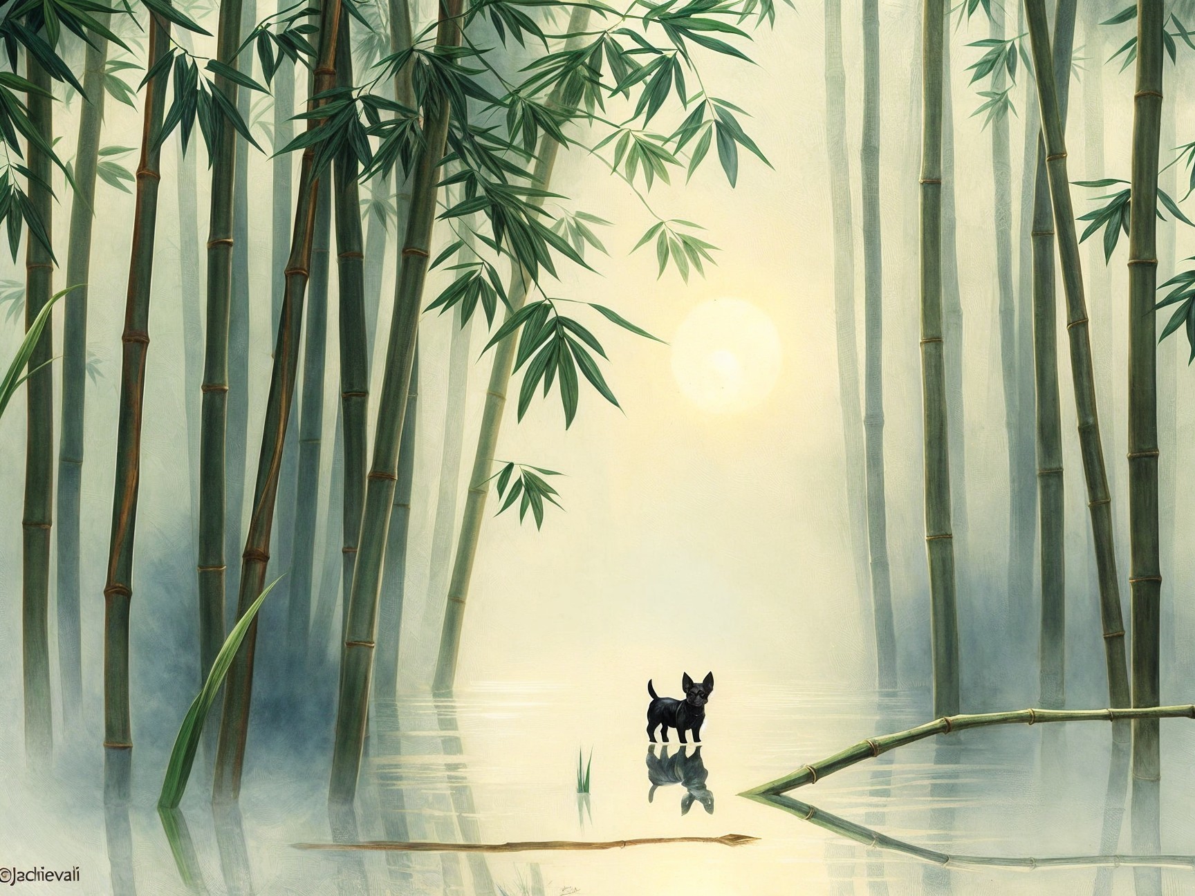 Misty Bamboo Forest with Dog in Tranquil Landscape