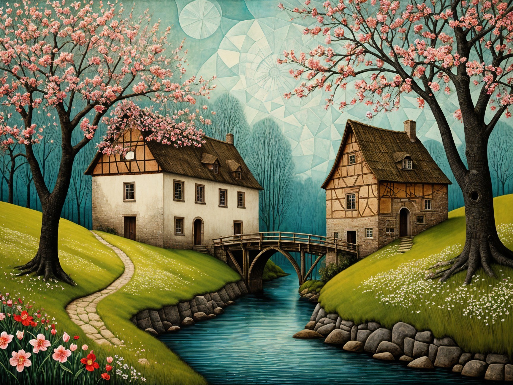 Charming Countryside Scene with Houses and River